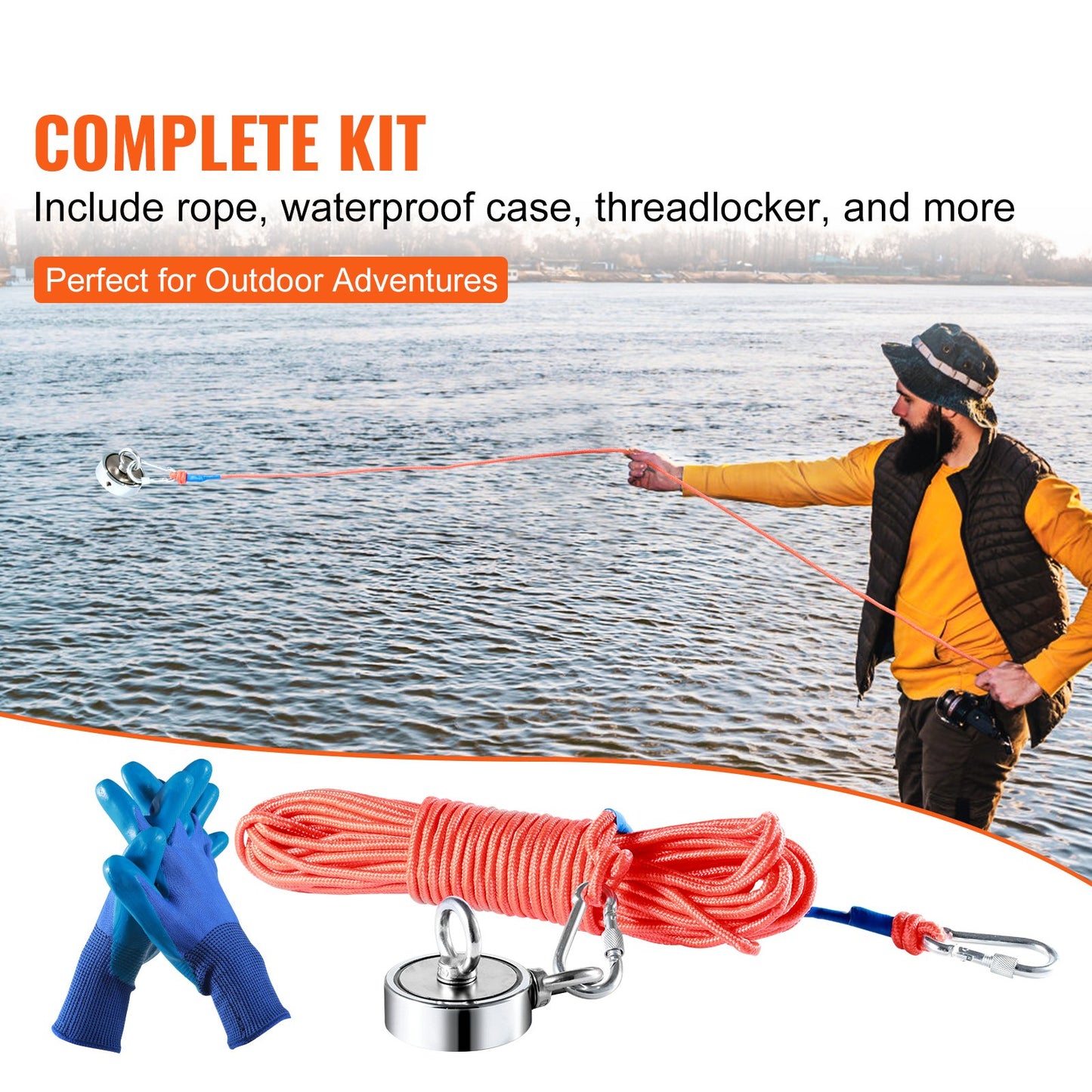 Magnet Fishing Kit, 1200lbs dragkraft dubbelsidiga fiskemagneter, 2,95 tums diameter magnet med rep, gripkrok, handskar, vattentät fodral, trådlås, ögonbult, för fiske