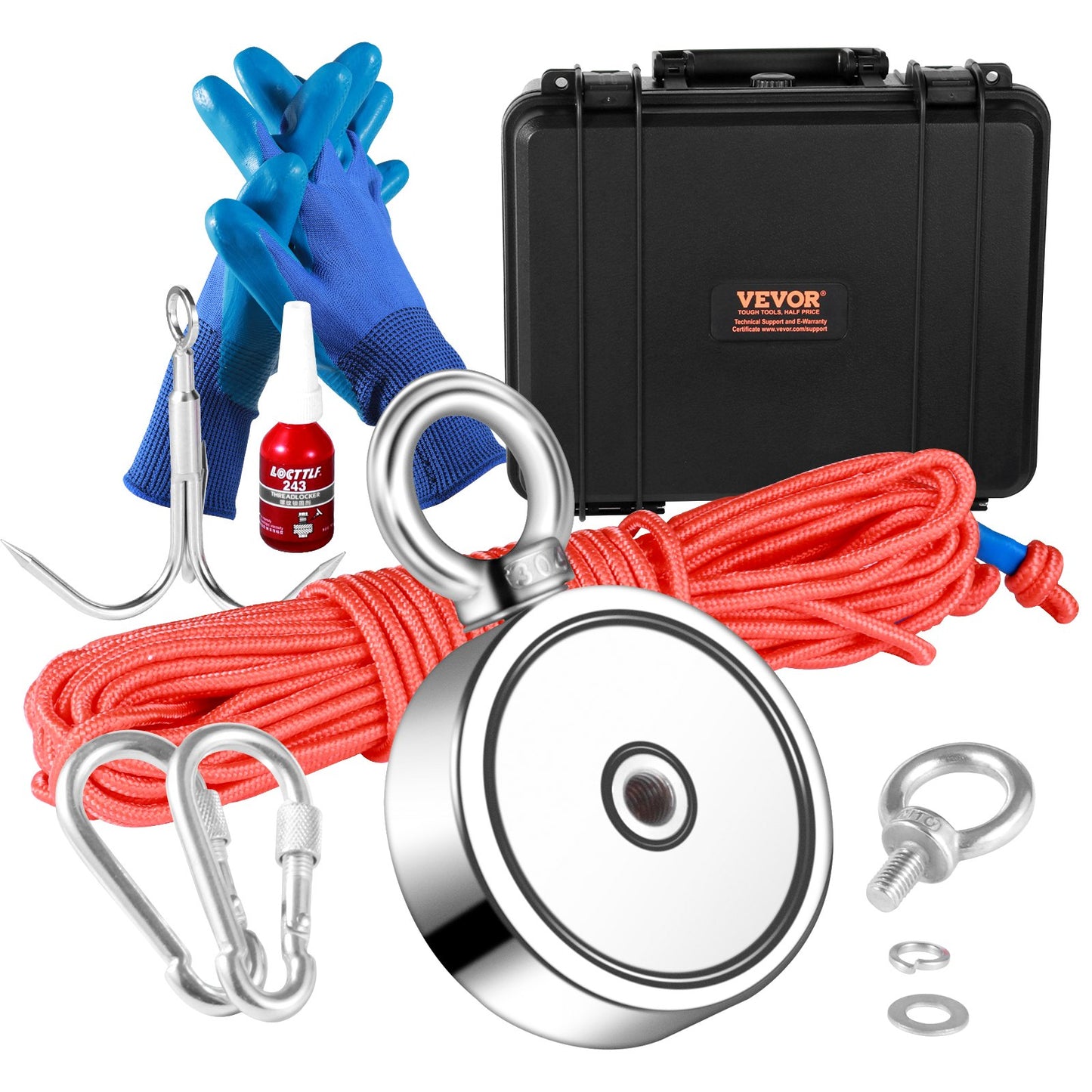 Magnet Fishing Kit, 1200lbs dragkraft dubbelsidiga fiskemagneter, 2,95 tums diameter magnet med rep, gripkrok, handskar, vattentät fodral, trådlås, ögonbult, för fiske