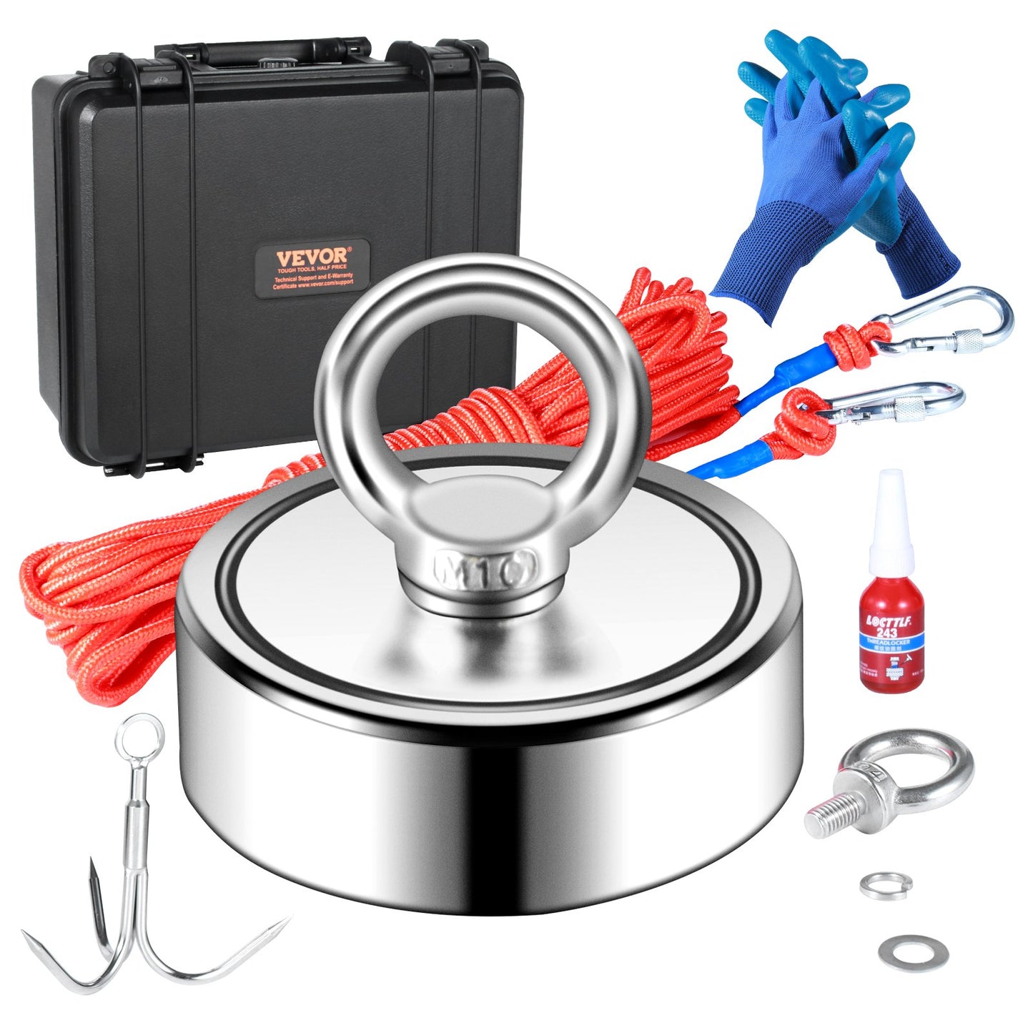Magnet Fishing Kit, 1200lbs dragkraft dubbelsidiga fiskemagneter, 2,95 tums diameter magnet med rep, gripkrok, handskar, vattentät fodral, trådlås, ögonbult, för fiske