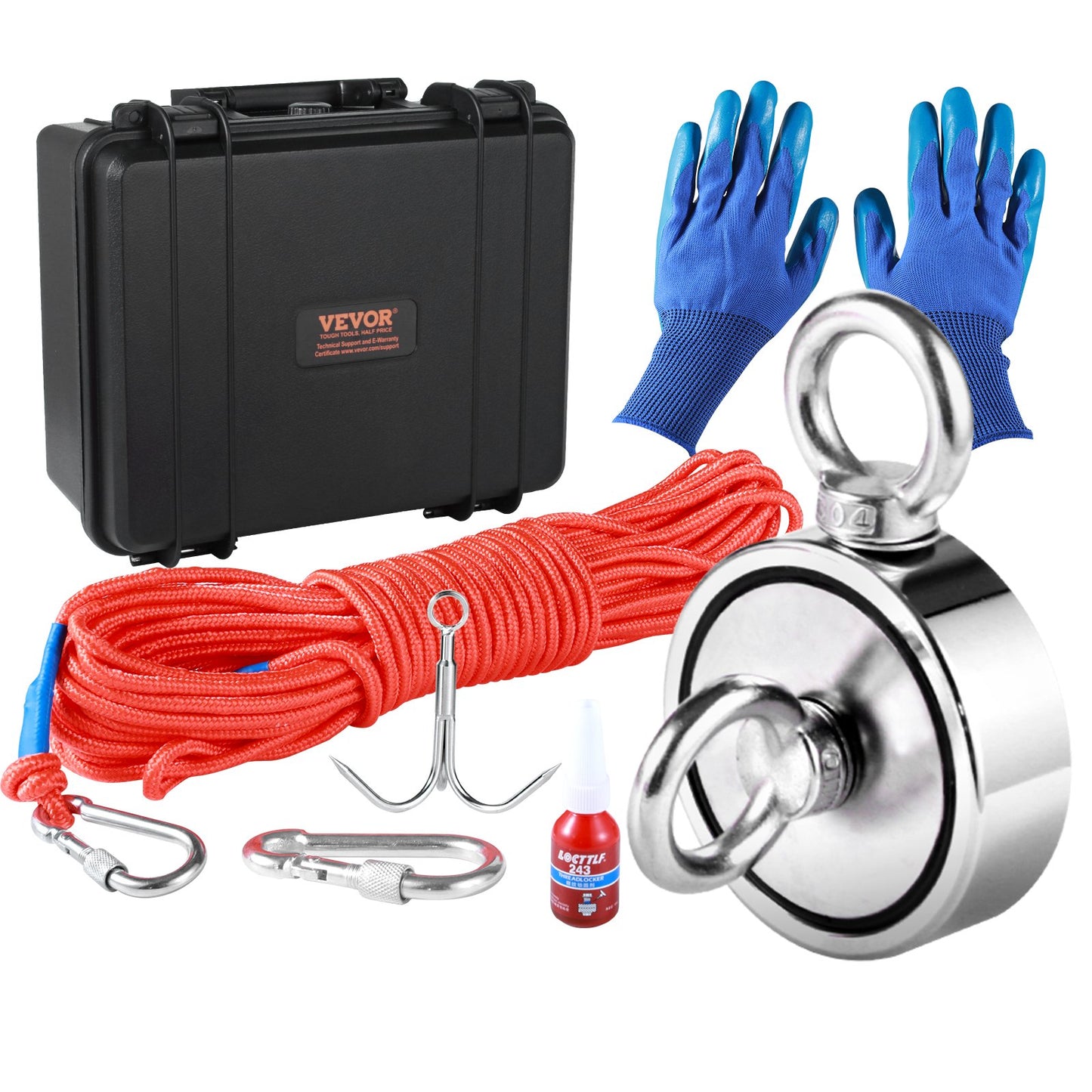 Magnet Fishing Kit, 1200lbs dragkraft dubbelsidiga fiskemagneter, 2,95 tums diameter magnet med rep, gripkrok, handskar, vattentät fodral, trådlås, ögonbult, för fiske