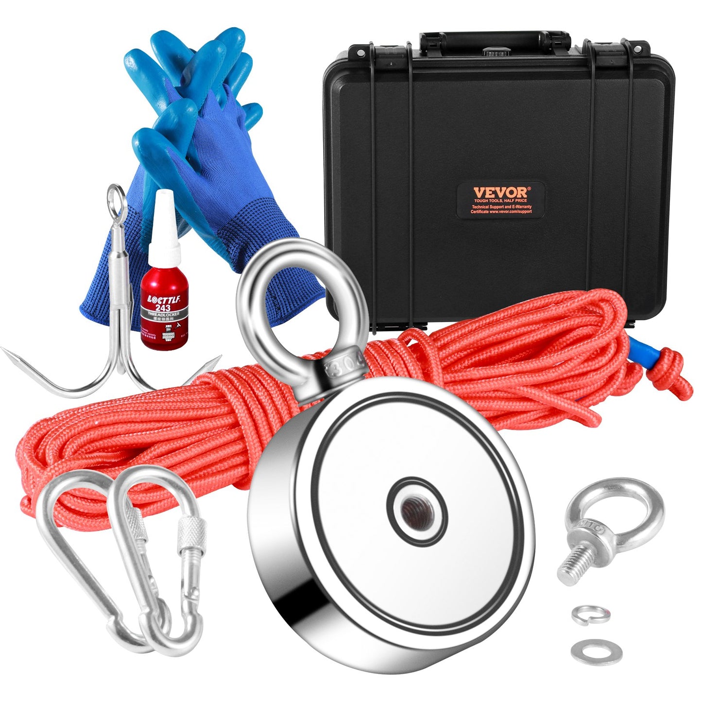 Magnet Fishing Kit, 1200lbs dragkraft dubbelsidiga fiskemagneter, 2,95 tums diameter magnet med rep, gripkrok, handskar, vattentät fodral, trådlås, ögonbult, för fiske
