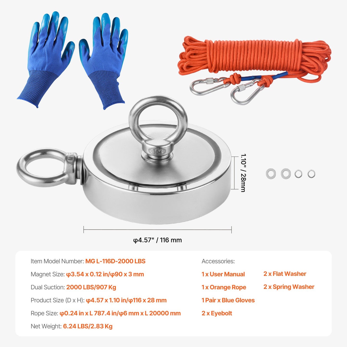 2000 LBS Strong Fishing Magnet Kit Dubbelsidig dragkraftsrep karbinhake