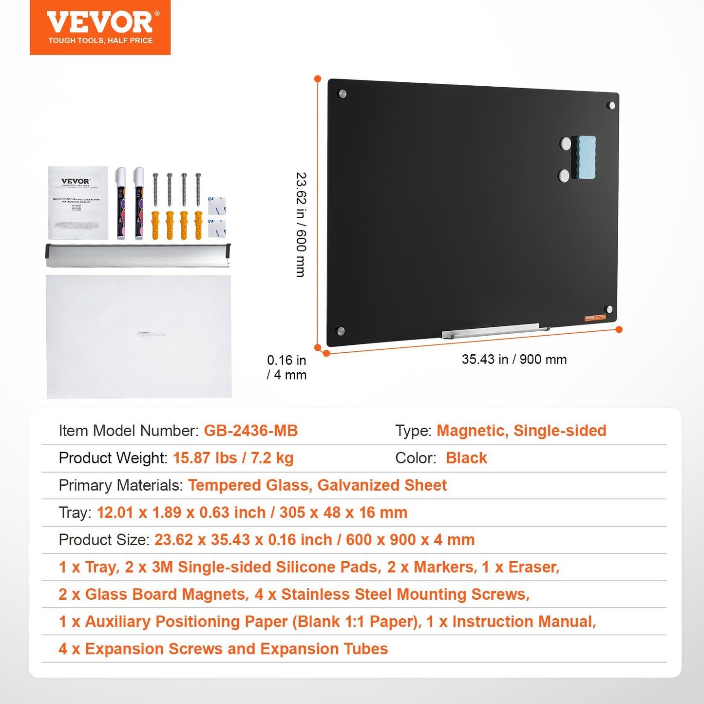 Magnetic Glass Whiteboard, Dry Erase Board 36"x24", väggmonterad stor vit glastavla utan ram, med markörbricka, ett suddgummi och 2 markörer, svart