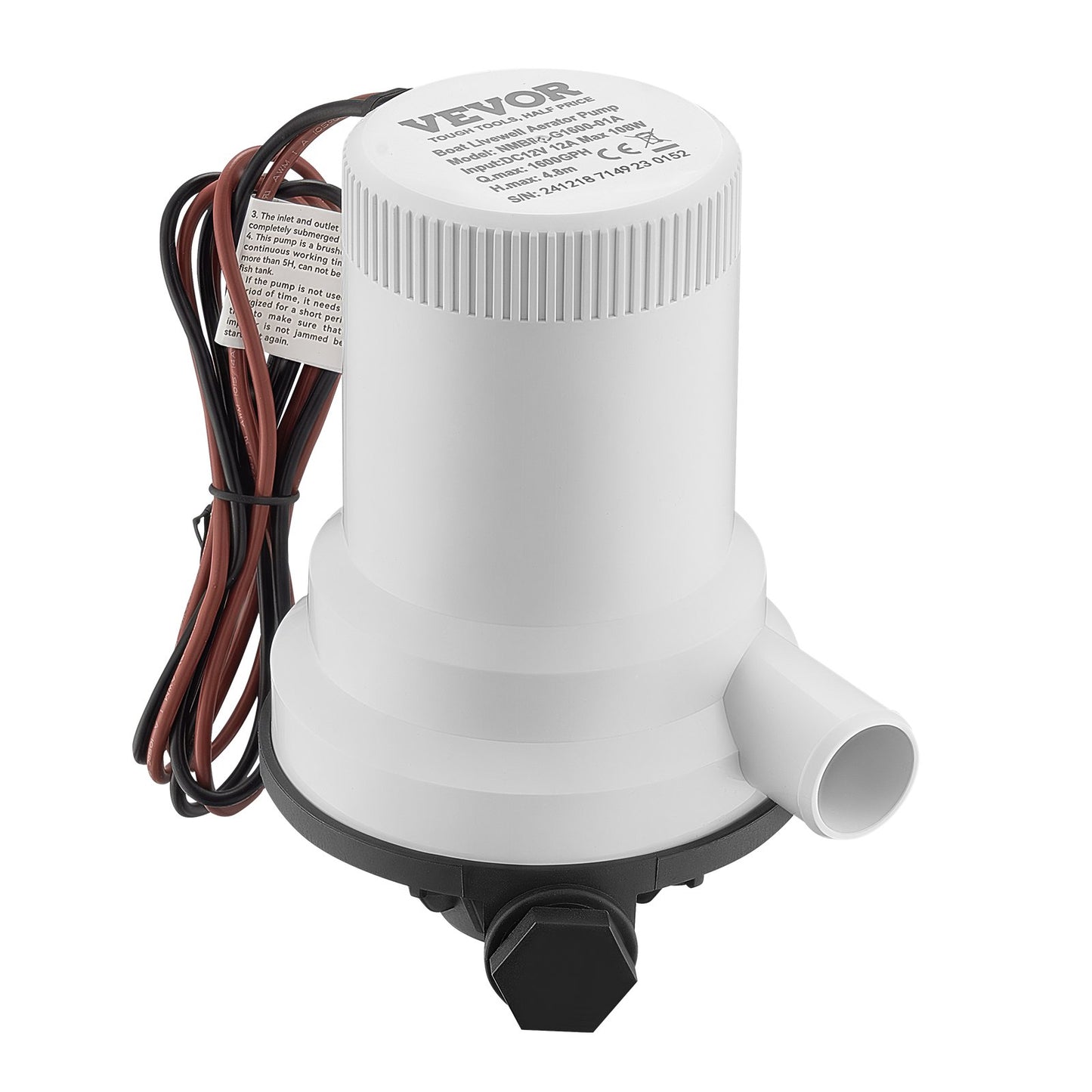 Livewell Pump for Boat 12V 1600GPH Livewell Aeration Pump Straight 2 Inlets