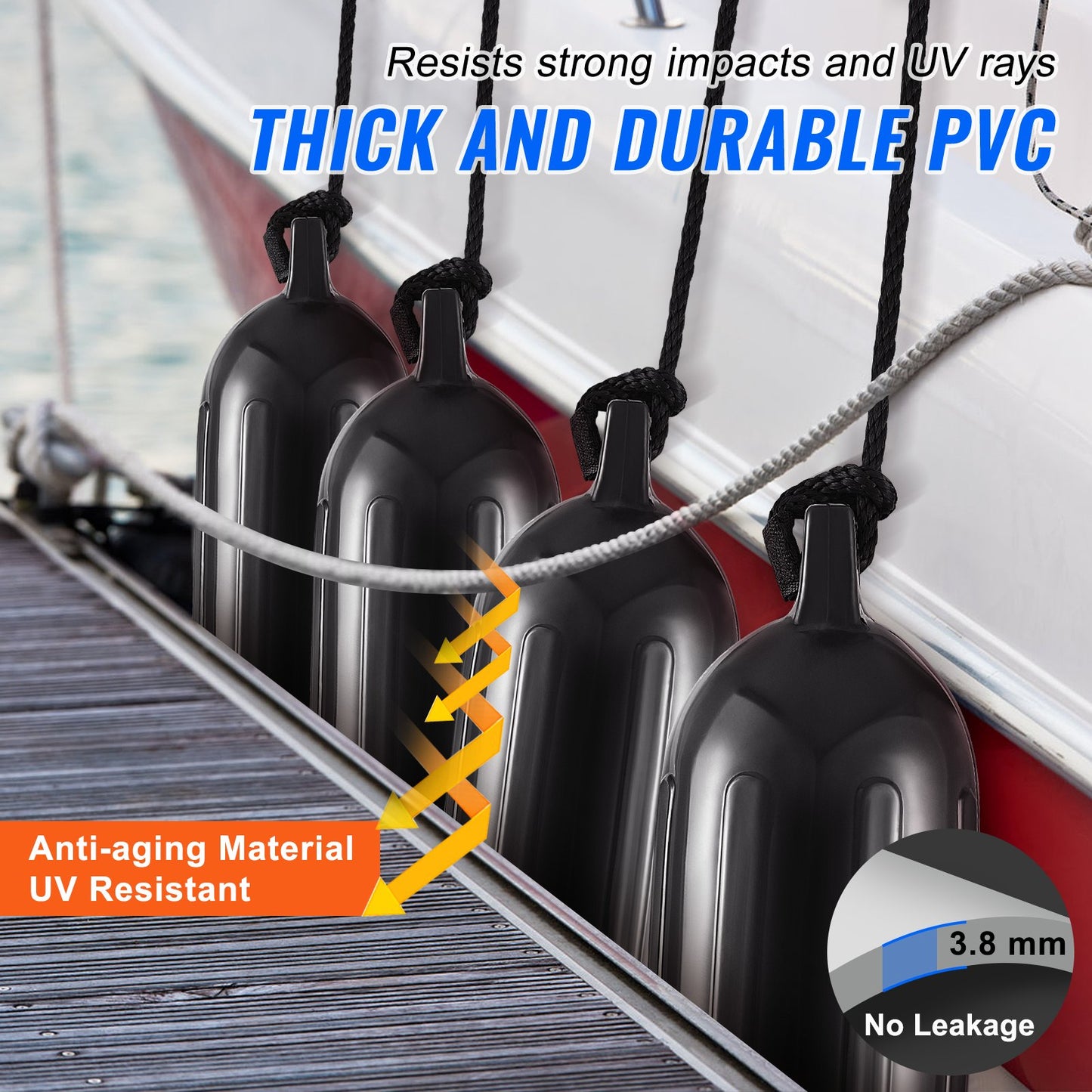 Boat Fenders Uppblåsbara Ribbade Boat Bumpers för dockning 6,5" x 23" Svart