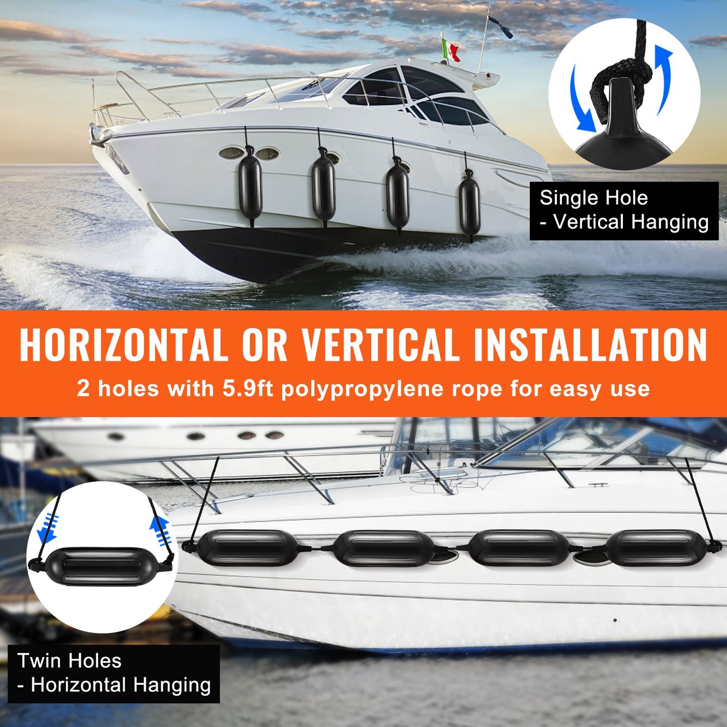 Boat Fenders Uppblåsbara Ribbade Boat Bumpers för dockning 6,5" x 23" Svart