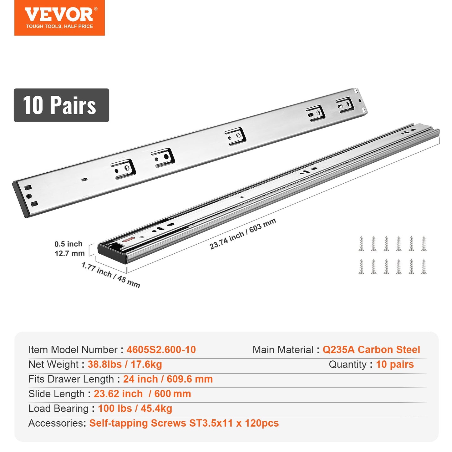 10 par 609,6 mm lådslider Sidomonterade skenor, Heavy Duty Full Extension stålskena, Soft-Close Ljudlösa guideglider Skåp Kökslöpare med kullager, 100 pund lastkapacitet