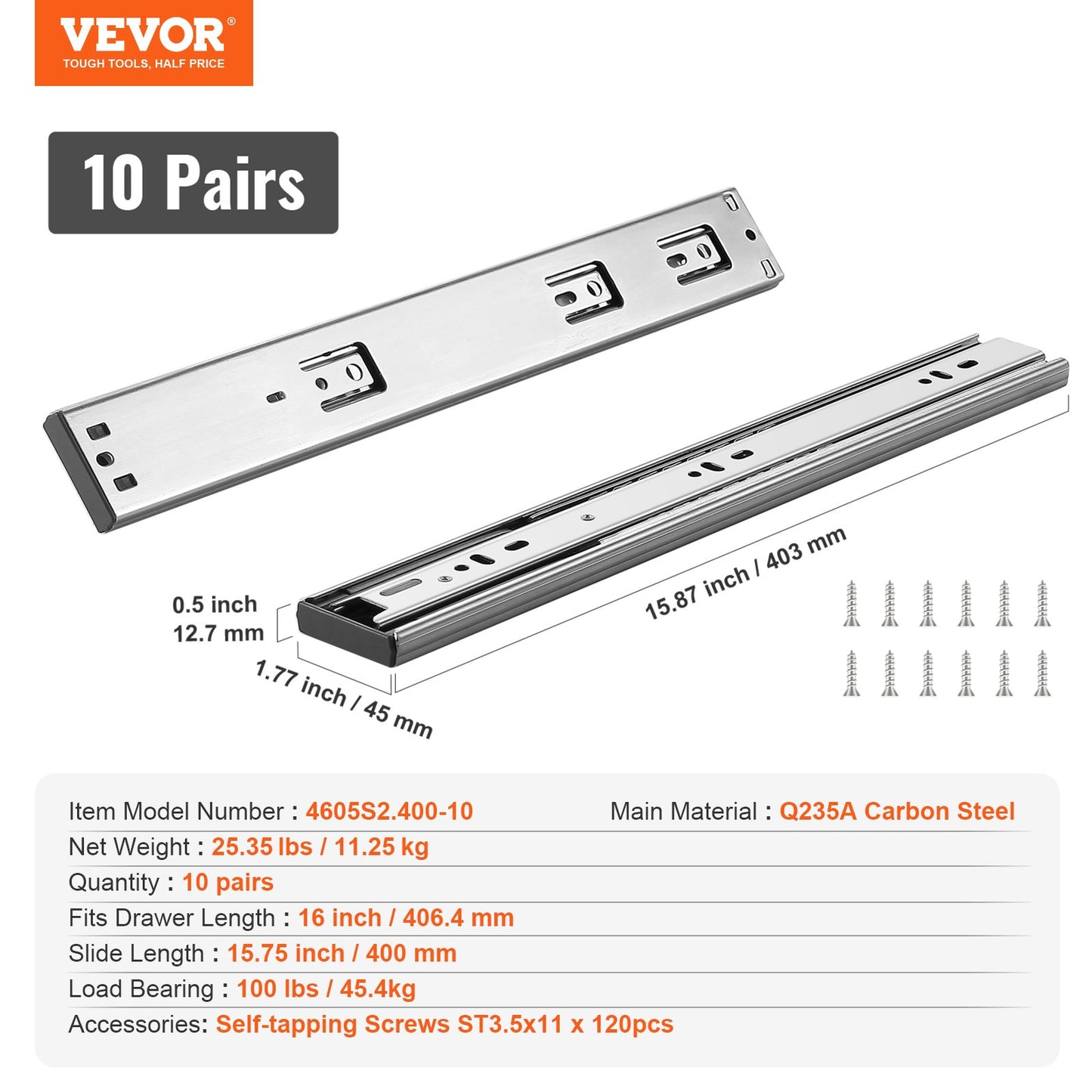 10 par 406,4 mm lådslider Sidomonterade skenor, Heavy Duty Full Extension stålskena, Soft-Close Ljudlösa guideglider Skåp Kökslöpare med kullager, 100 pund lastkapacitet