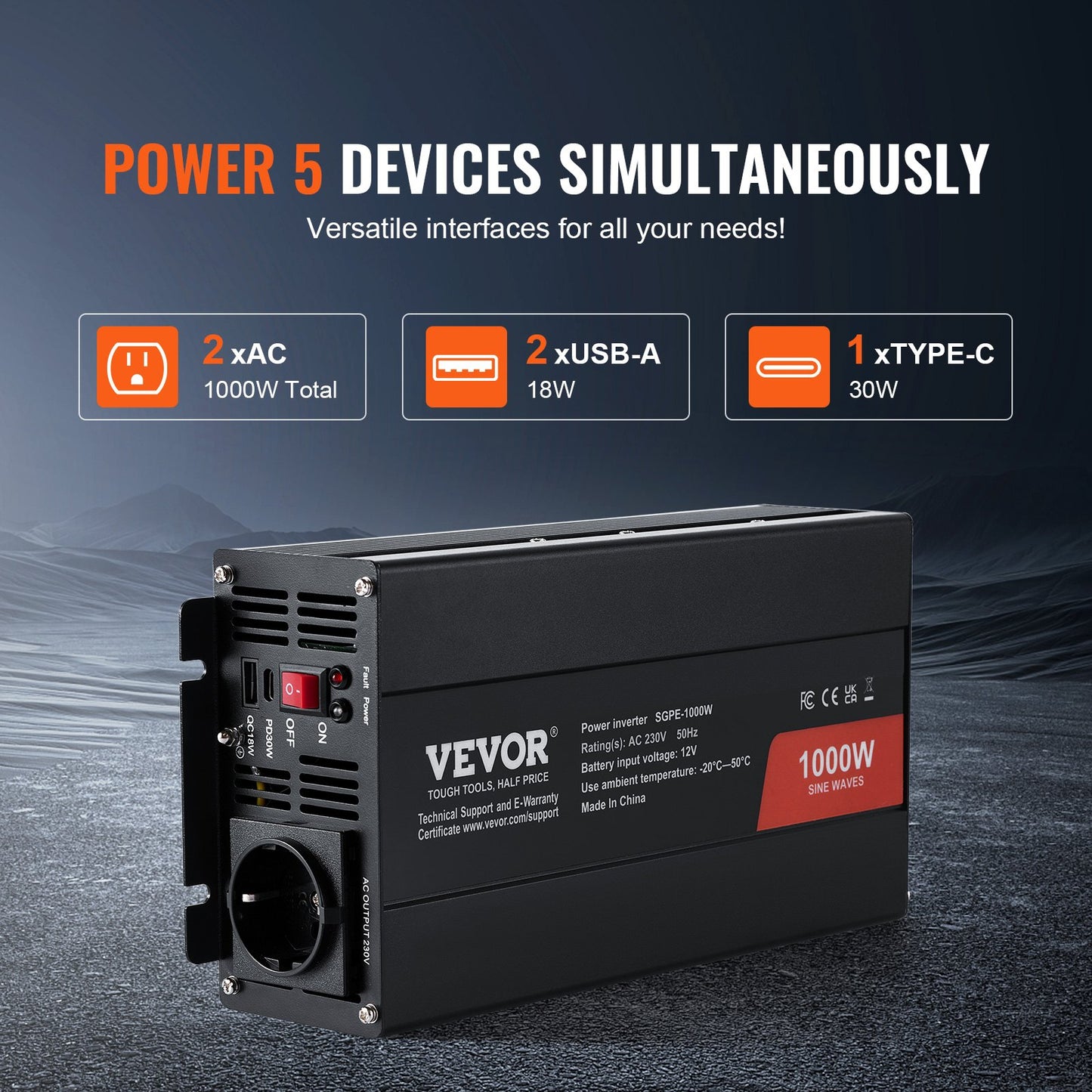 Pure Sine Wave Power Inverter 1000W DC12V till AC230V Fjärrkontroll CE FCC