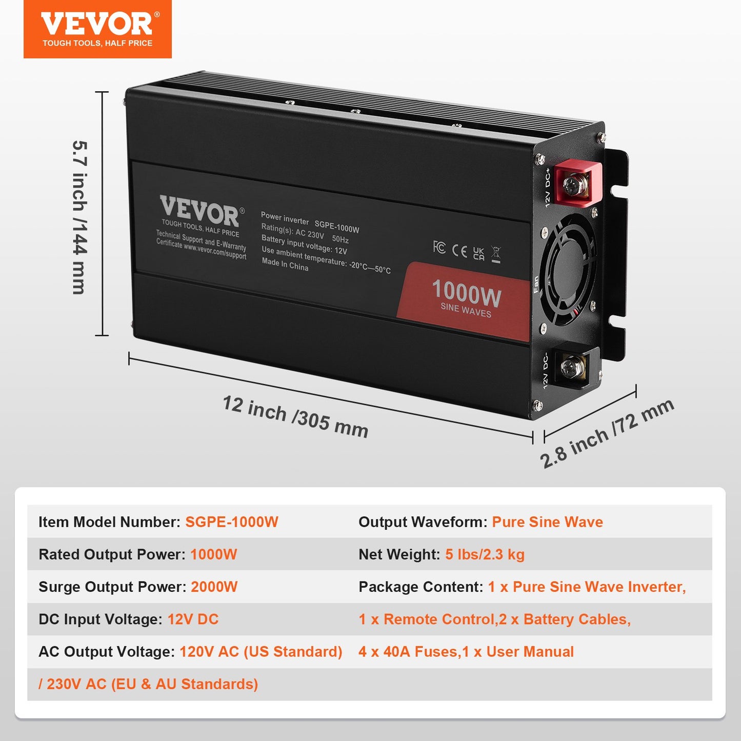 Pure Sine Wave Power Inverter 1000W DC12V till AC230V Fjärrkontroll CE FCC