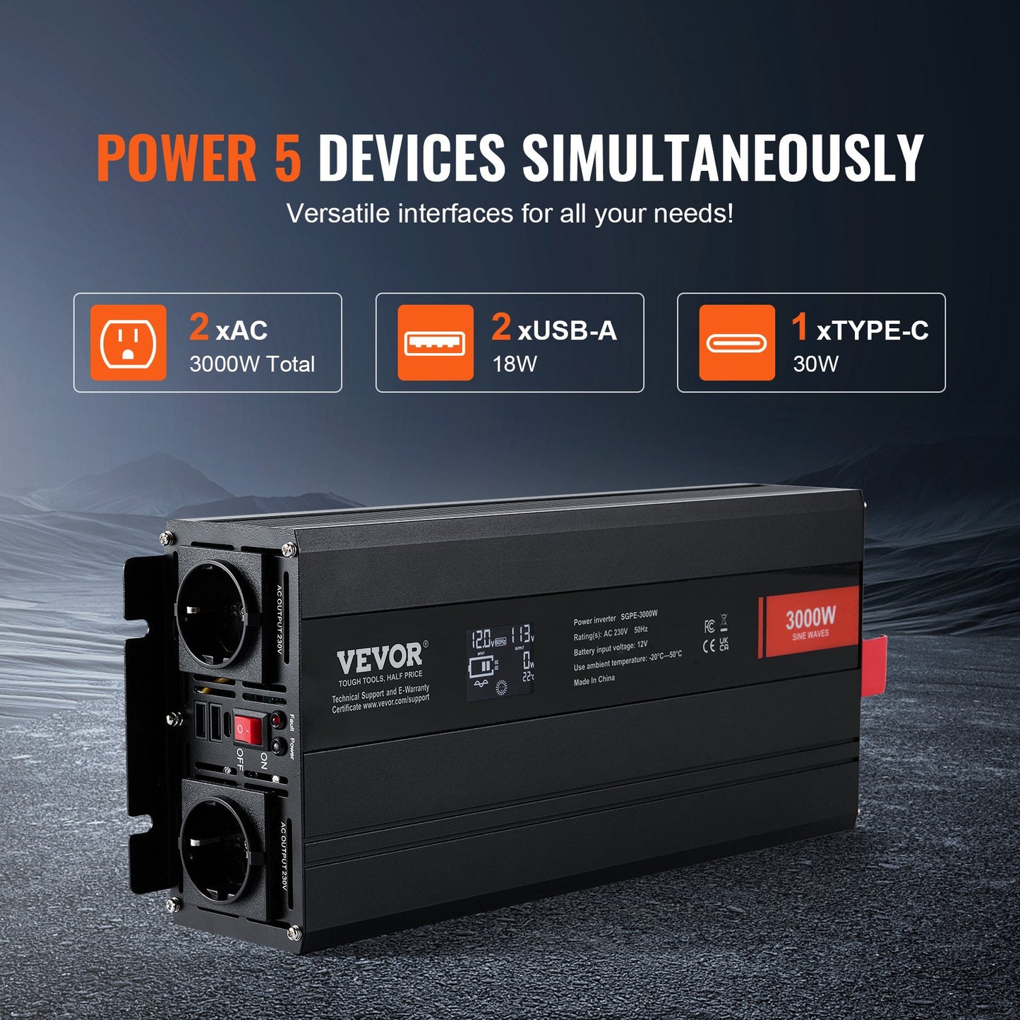 Pure Sine Wave Power Inverter 3000W DC12V till AC230V LCD-fjärrkontroll CE