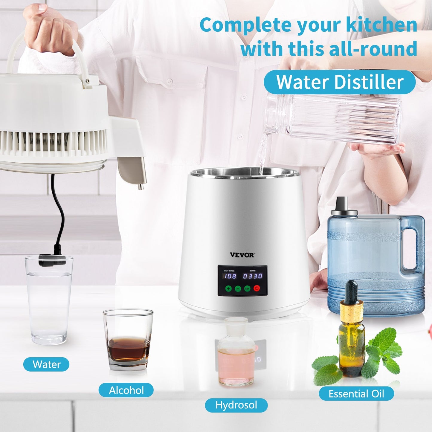 4L Water Distiller 1L/H Destillerat vatten Maker Timing & Temp Display Vit