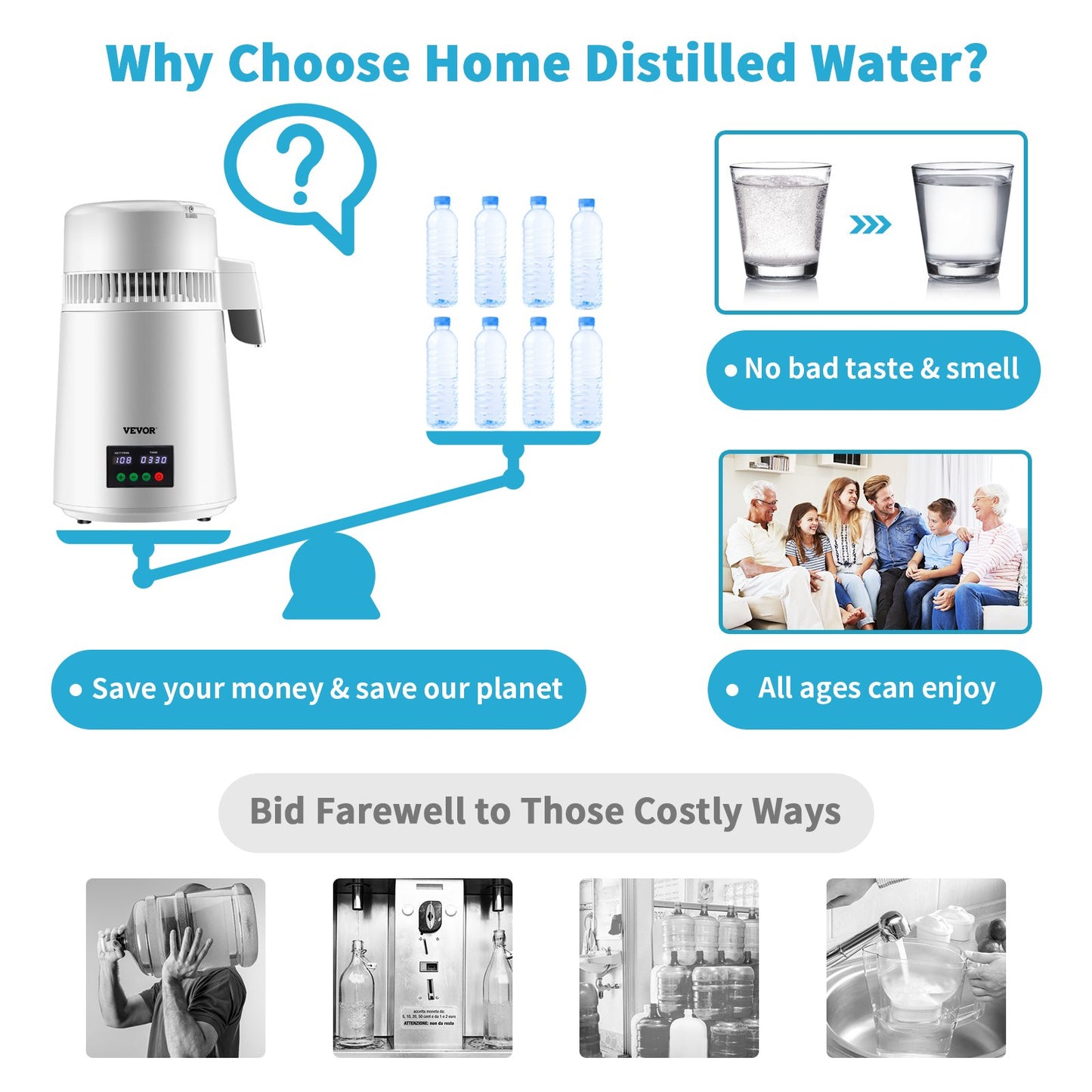 4L Water Distiller 1L/H Destillerat vatten Maker Timing & Temp Display Vit