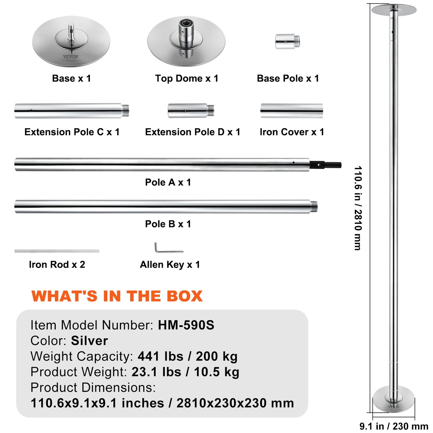 Professionelle Tanzstange, Drehbares Statisches Tanzstangen-Set, Tragbare Abnehmbare Stange, 45mm Hochleistungs-Edelstahlstange, Höhenverstellbare Trainingsstange, Für Workout Home Club Gym, Silber