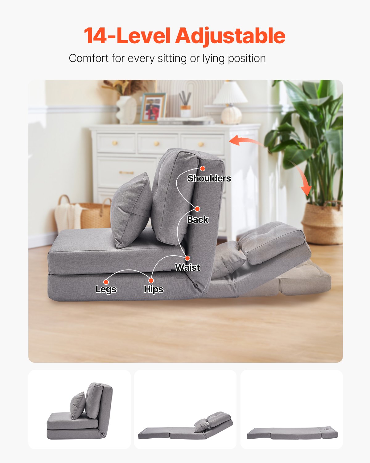 Cabriolet Flip Stol med 5 justerbara positioner Golv Lazy Sofa Grå