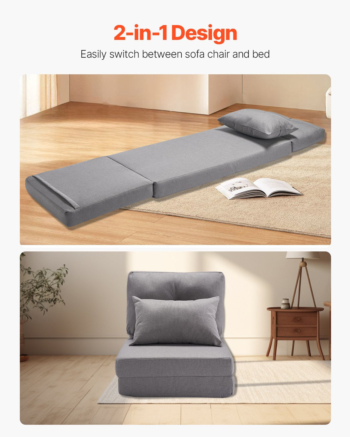 Cabriolet Flip Stol med 5 justerbara positioner Golv Lazy Sofa Grå