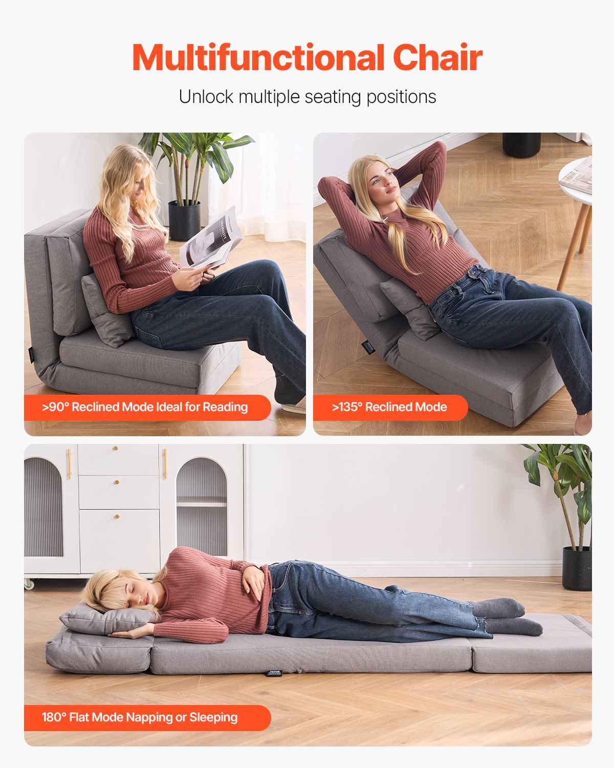 Cabriolet Flip Stol med 5 justerbara positioner Golv Lazy Sofa Grå