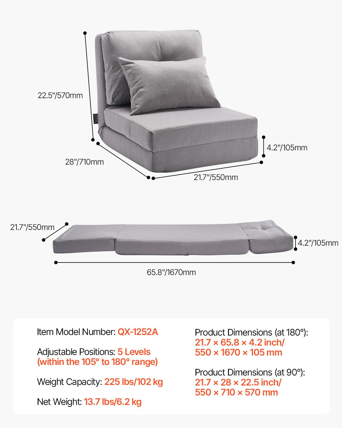 Cabriolet Flip Stol med 5 justerbara positioner Golv Lazy Sofa Grå
