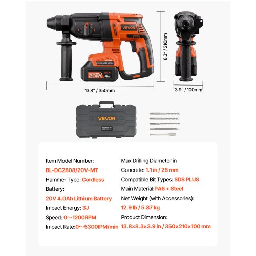 20 V SDS-Plus bürstenloser Akku-Bohrhammer-Satz, 1200 U/min, 4 Funktionen