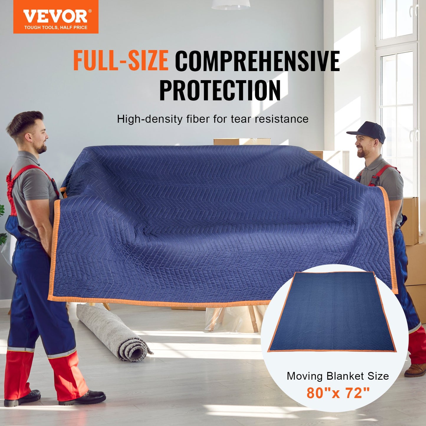 Moving Blankets, 80" x 72", 65 lbs/dz Weight, 12 Pack, Professional Non-Woven and Recycled Cotton Blanket, Heavy Duty Mover Pads to Protect Furniture, Floors, Appliances, Blue/Orange