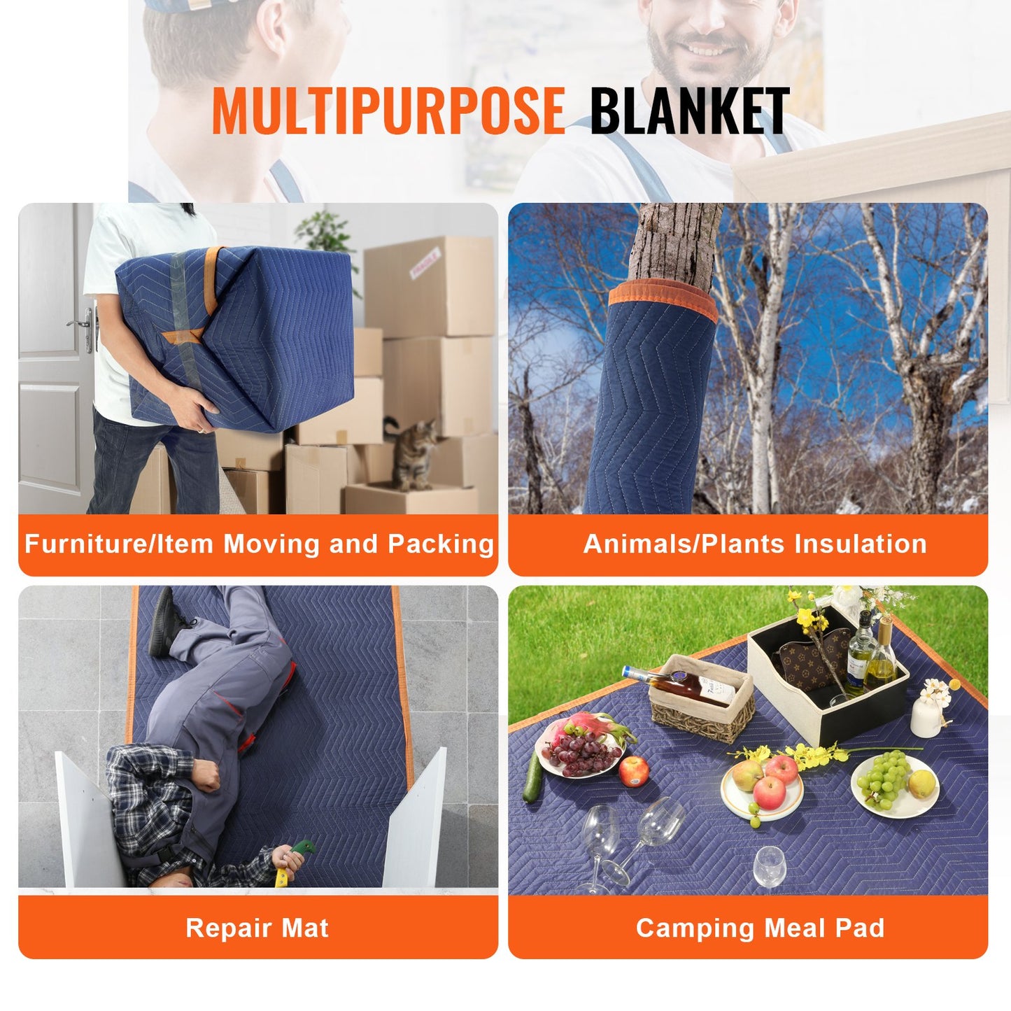 Moving Blankets, 80" x 72", 65 lbs/dz Weight, 12 Pack, Professional Non-Woven and Recycled Cotton Blanket, Heavy Duty Mover Pads to Protect Furniture, Floors, Appliances, Blue/Orange