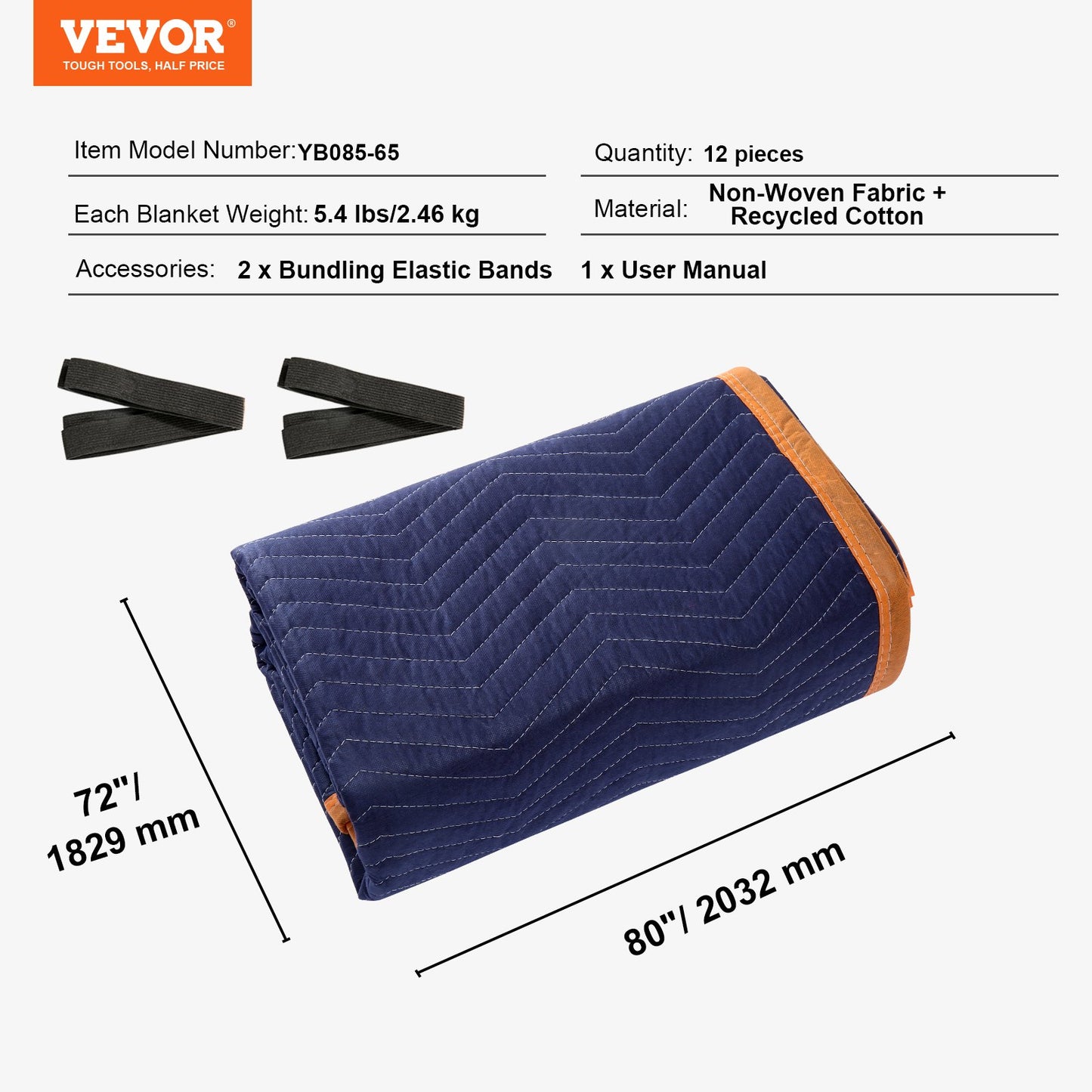 Moving Blankets, 80" x 72", 65 lbs/dz Weight, 12 Pack, Professional Non-Woven and Recycled Cotton Blanket, Heavy Duty Mover Pads to Protect Furniture, Floors, Appliances, Blue/Orange