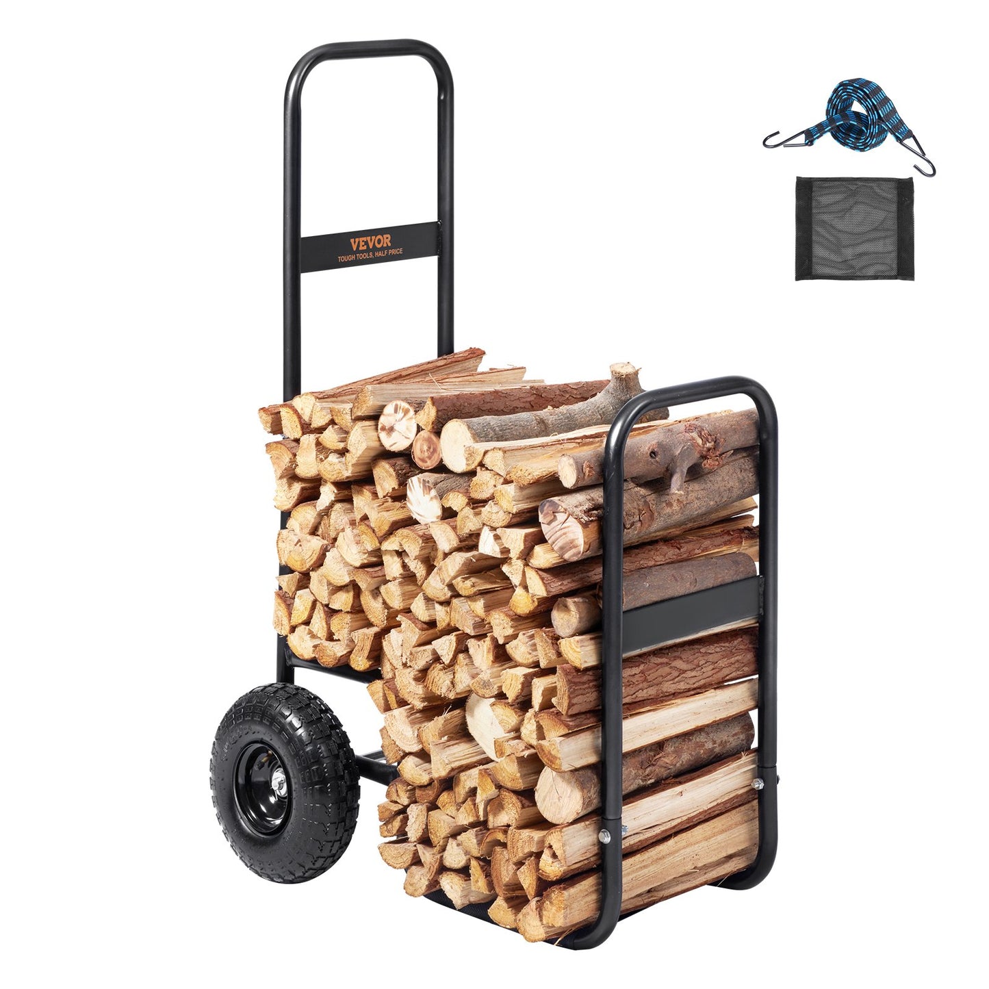 Kaminholzwagen, 113,4 kg Tragkraft, Lagerautomat für Brennholzregale Außen und Innen mit luftbereiften Gummirädern, Schwerlastwagen aus Stahl, Brennholzträger für Kamin, Feuerstelle, Schwarz