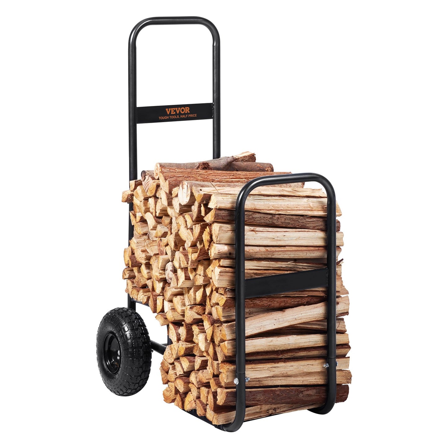 Kaminholzwagen, 113,4 kg Tragkraft, Lagerautomat für Brennholzregale Außen und Innen mit luftbereiften Gummirädern, Schwerlastwagen aus Stahl, Brennholzträger für Kamin, Feuerstelle, Schwarz