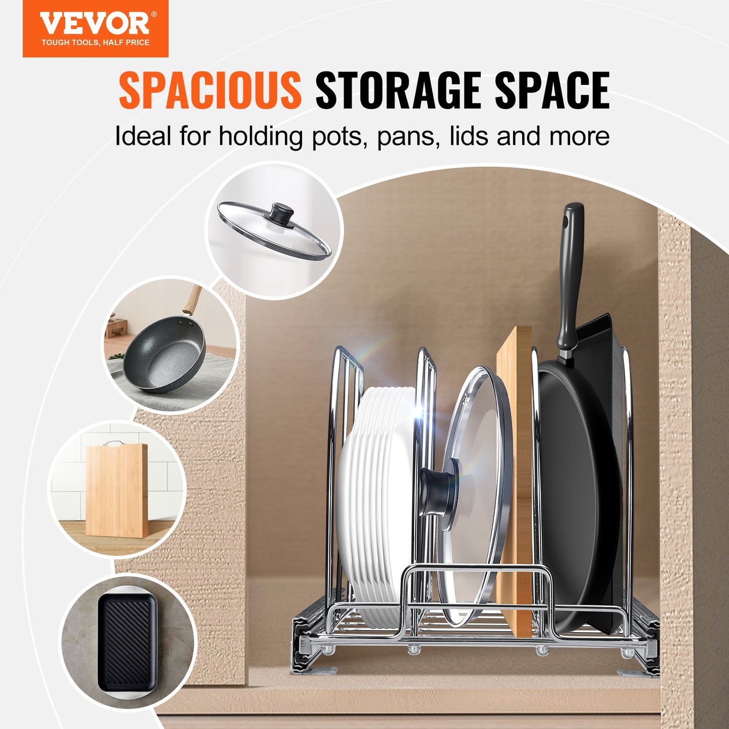 Pan and pot rack, pull-out pull-out under-cabinet organization, baking sheet organization, adjustable wire dividers, steel lid holders for kitchen cabinet and pantry storage,