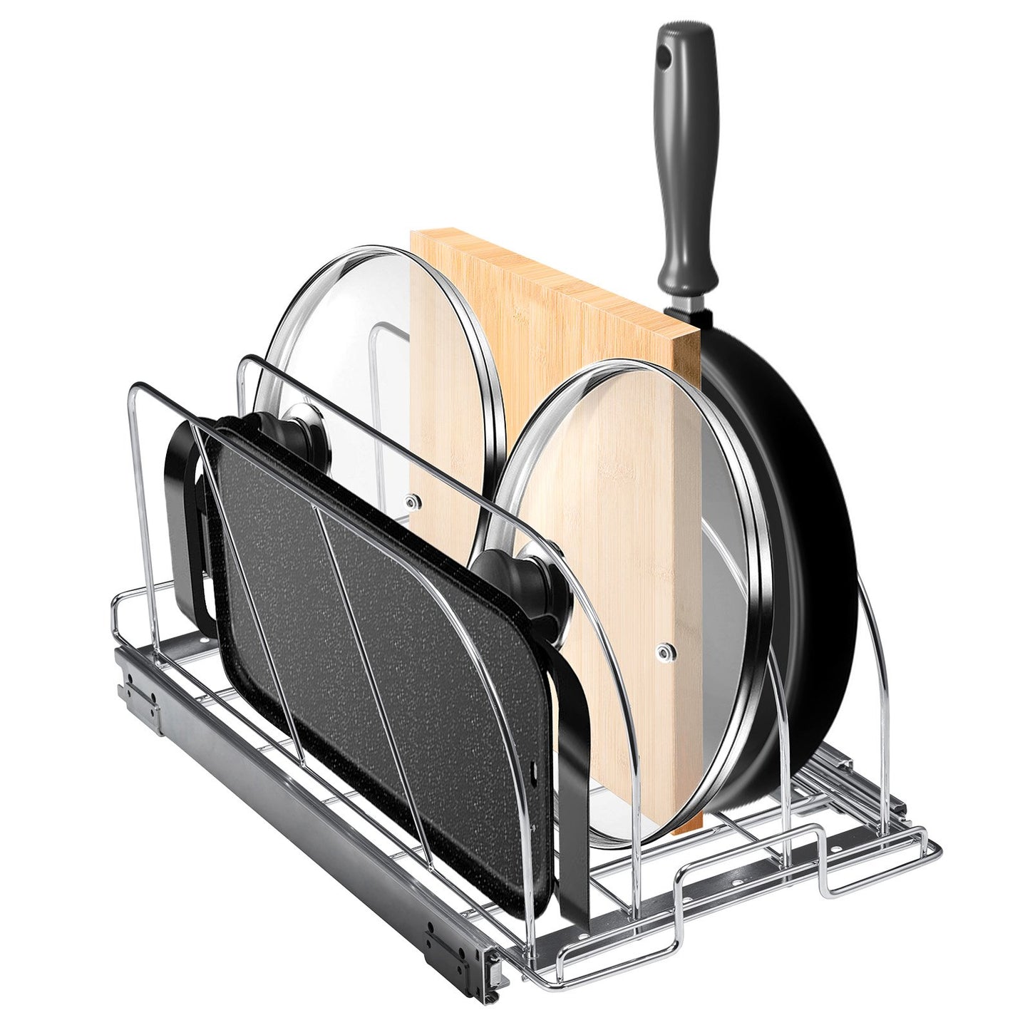 Pan and pot rack, pull-out pull-out under-cabinet organization, baking sheet organization, adjustable wire dividers, steel lid holders for kitchen cabinet and pantry storage,