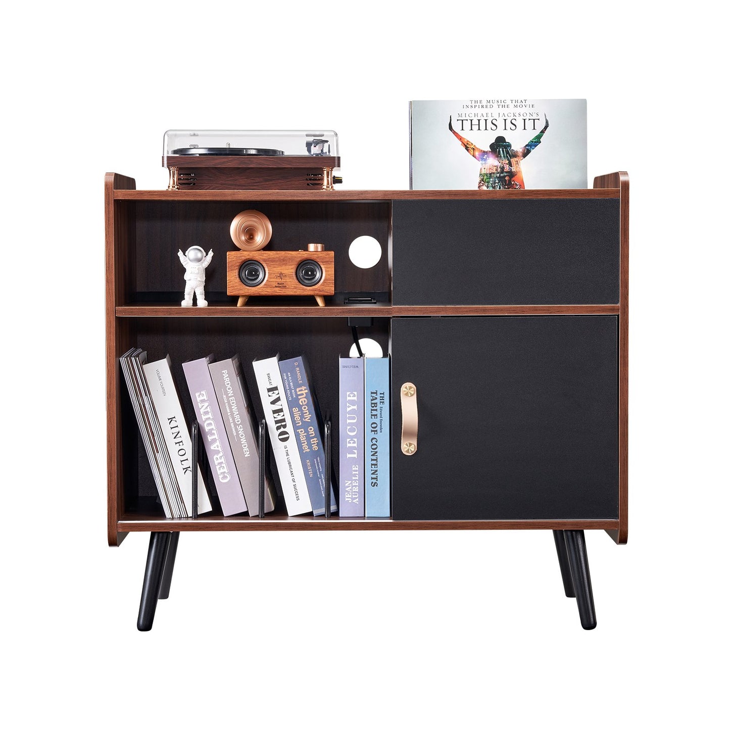 Skivspelaresstativ 3-vånings skivspelaresstativ i trä Skjutdörr Power Strip