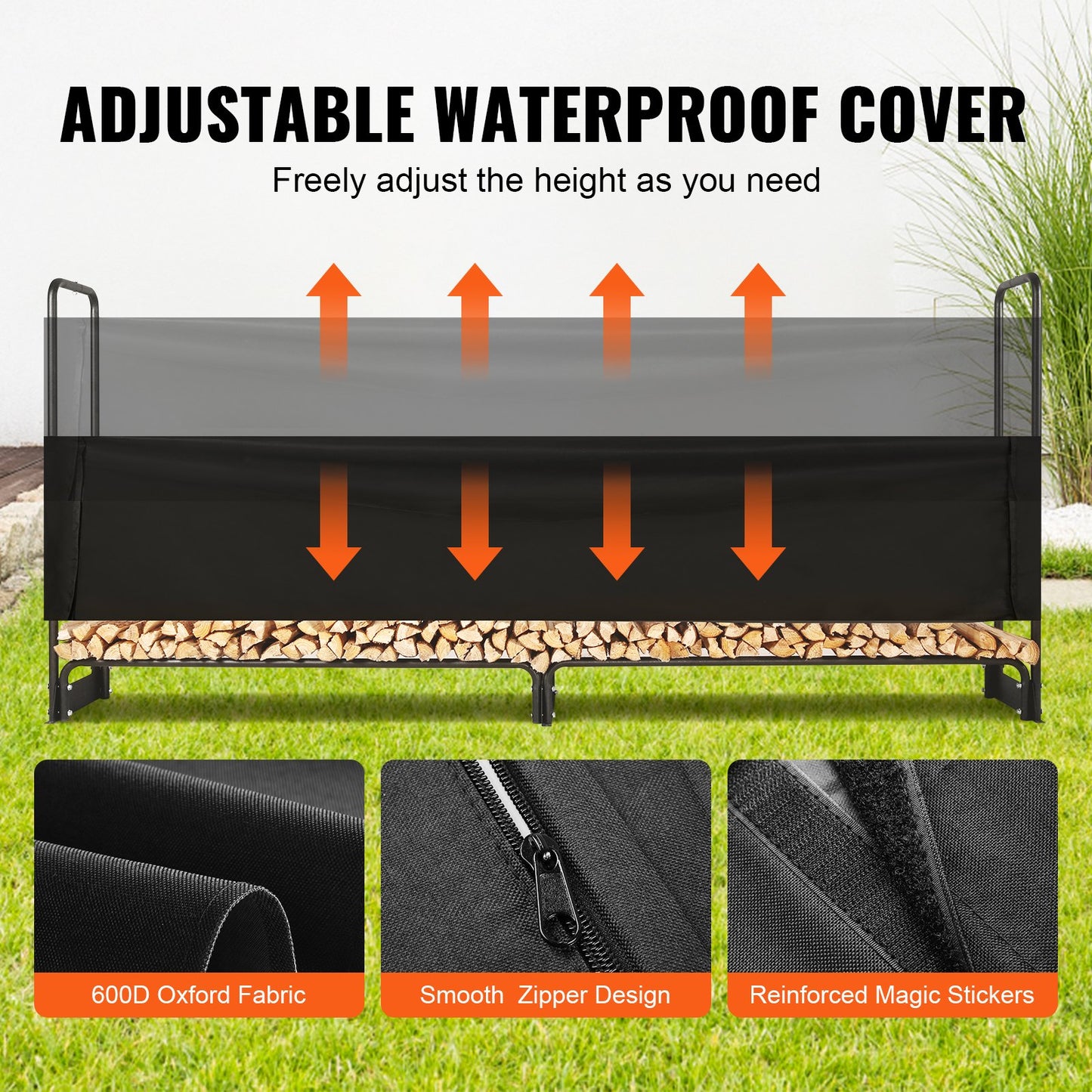 2,6 m langes Brennholzregal mit Deckel für den Außenbereich, 259 x 36 x 117 cm, robuster Brennholzhalter und wasserdichter 600D Oxford-Deckel für Kamin, Terrasse, Holzlagerregal für drinnen und draußen, für 1/2 Cord Brennholz