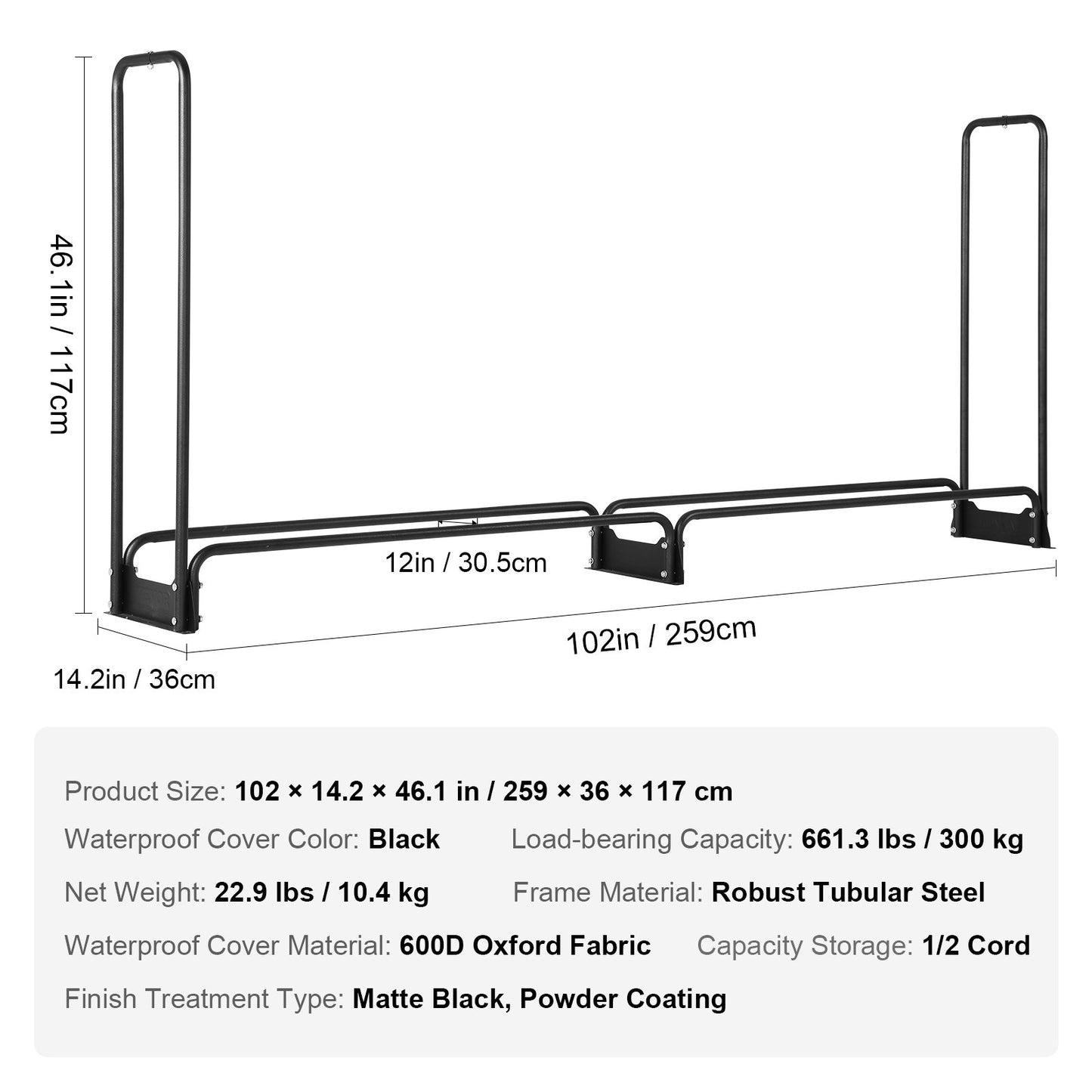 2,6 m langes Brennholzregal mit Deckel für den Außenbereich, 259 x 36 x 117 cm, robuster Brennholzhalter und wasserdichter 600D Oxford-Deckel für Kamin, Terrasse, Holzlagerregal für drinnen und draußen, für 1/2 Cord Brennholz