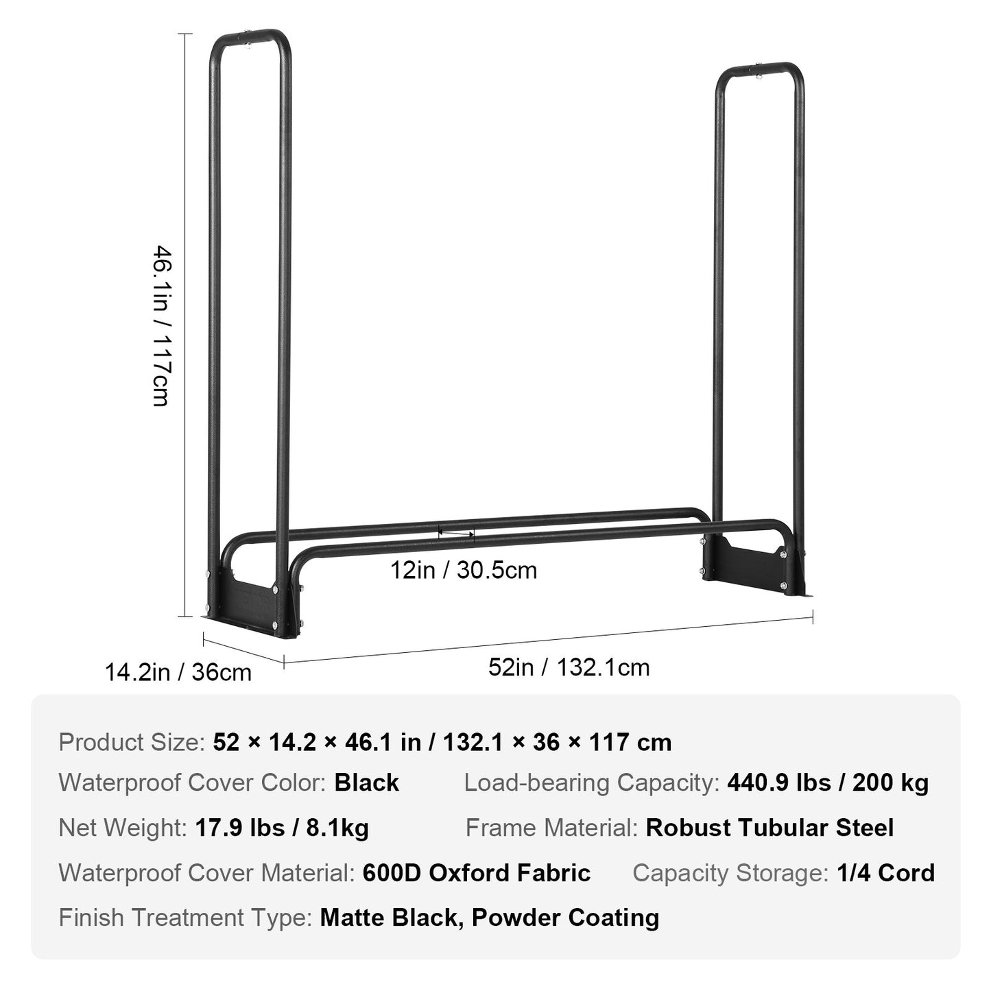 4,3 FT vedställ utomhus med lock, 52x14,2x46,1 tum, kraftig vedhållare & 600D Oxford vattentätt lock för öppen spis, uteplats, inomhus/utomhus stockförvaringsställ för 1/4 sladd ved