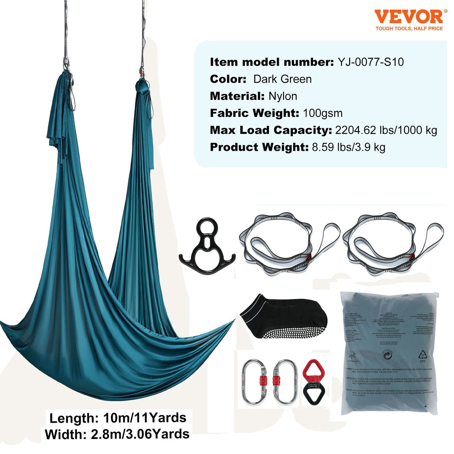 Aerial Silk & Yoga Swing, 11 Yards, Aerial Yoga Hammock Kit med 100gsm nylontyg, Full Rigging Hårdvara & Enkel installationsguide, Antigravity Flying för alla nivåer Fitness Bodybuilding, Grön