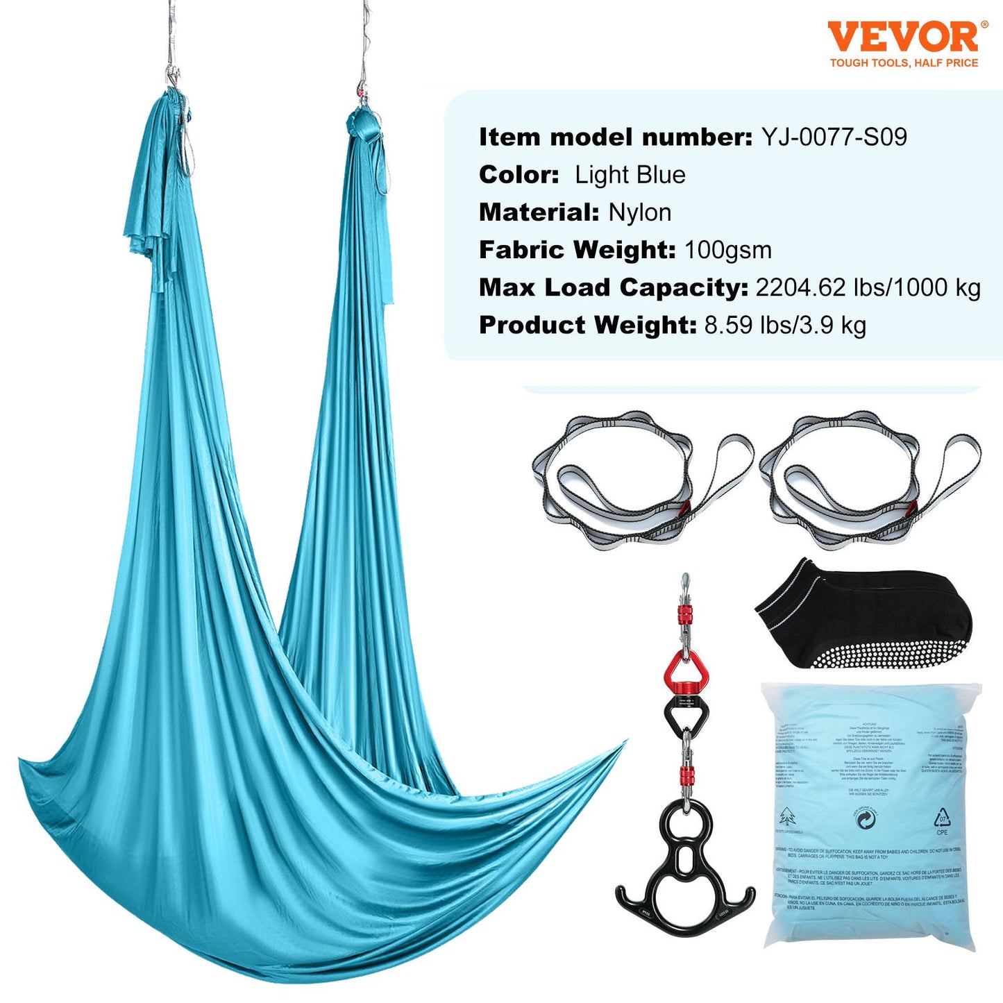 Aerial Silk & Yoga Swing, 11 Yards, Aerial Yoga Hammock Kit med 100gsm nylontyg, Full Rigging Hårdvara och enkel installationsguide, Antigravity Flying för alla nivåer Fitness Bodybuilding, Blå