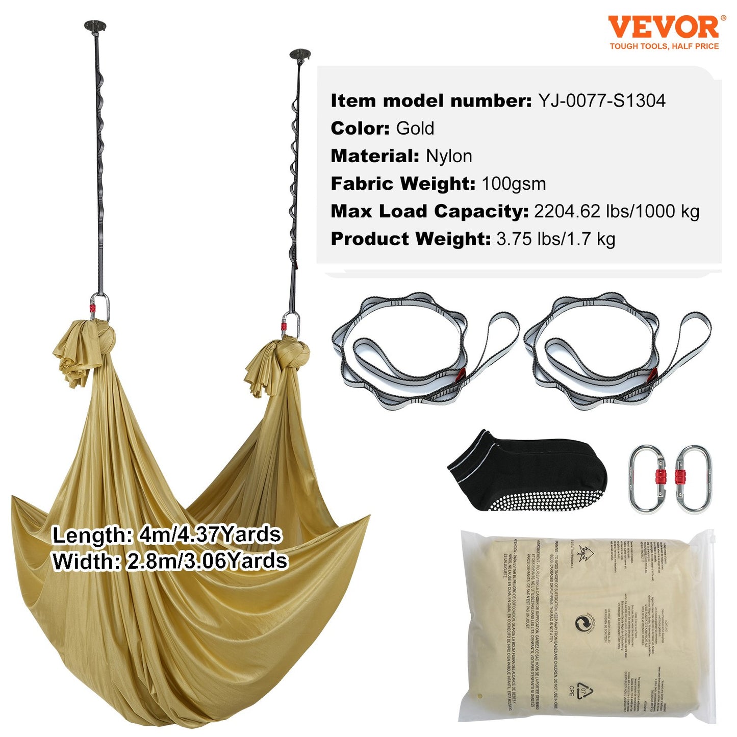 Aerial Yoga Hängematte & Schaukel, 4,4 Yards, Aerial Yoga Starter Kit mit 100 g/m² Nylongewebe, komplette Takelage-Hardware und einfache Installationsanleitung, Anti-Schwerkraftfliegen für Fitness-Bodybuilding aller Niveaus, Gold