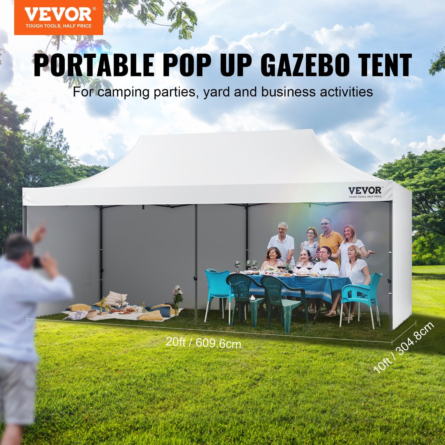 Pop Up Baldakin Tält Utomhus Lusthus tält 10x20FT med sidoväggar & väska Vit