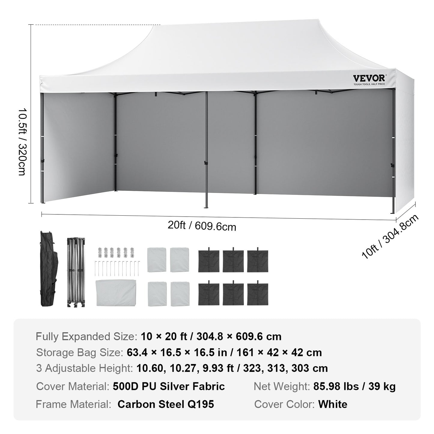 Pop Up Baldakin Tält Utomhus Lusthus tält 10x20FT med sidoväggar & väska Vit