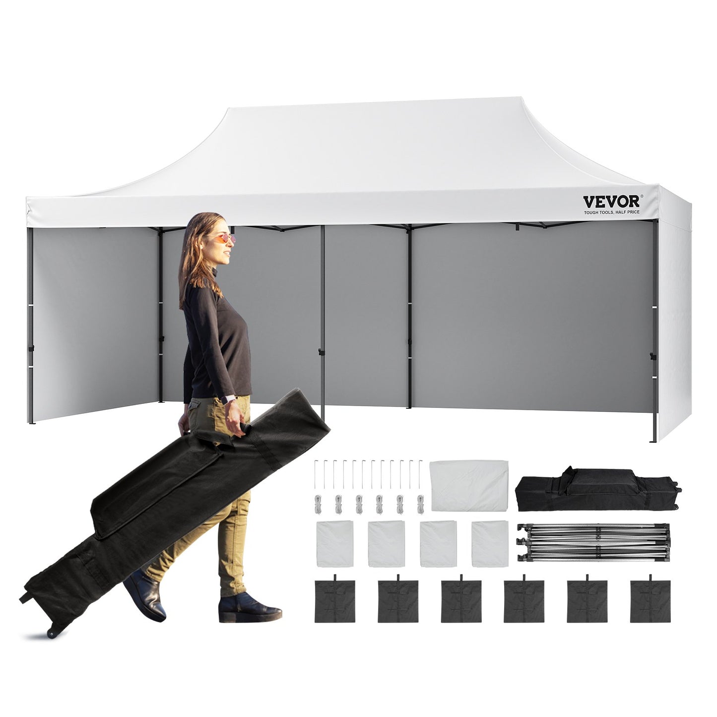 Pop Up Baldakin Tält Utomhus Lusthus tält 10x20FT med sidoväggar & väska Vit