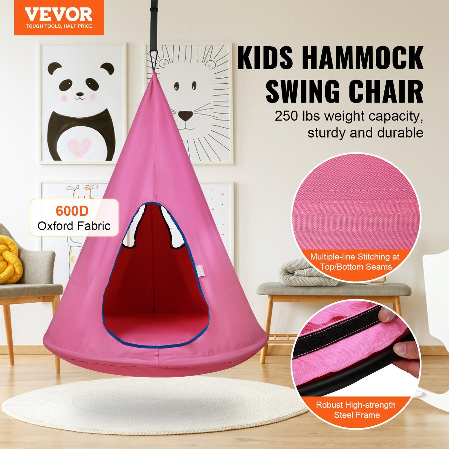 Kids Nest Chair, Hängmatta stol med justerbart rep, Hängmatta stol för barn inomhus och utomhus (39" D x 52" H), 250lbs Viktkapacitet, Rosa