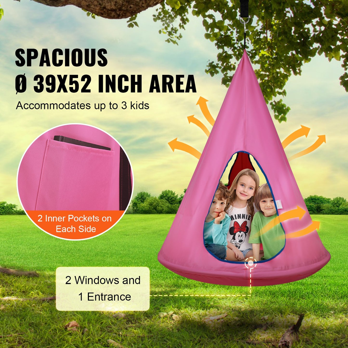 Kids Nest Chair, Hängmatta stol med justerbart rep, Hängmatta stol för barn inomhus och utomhus (39" D x 52" H), 250lbs Viktkapacitet, Rosa