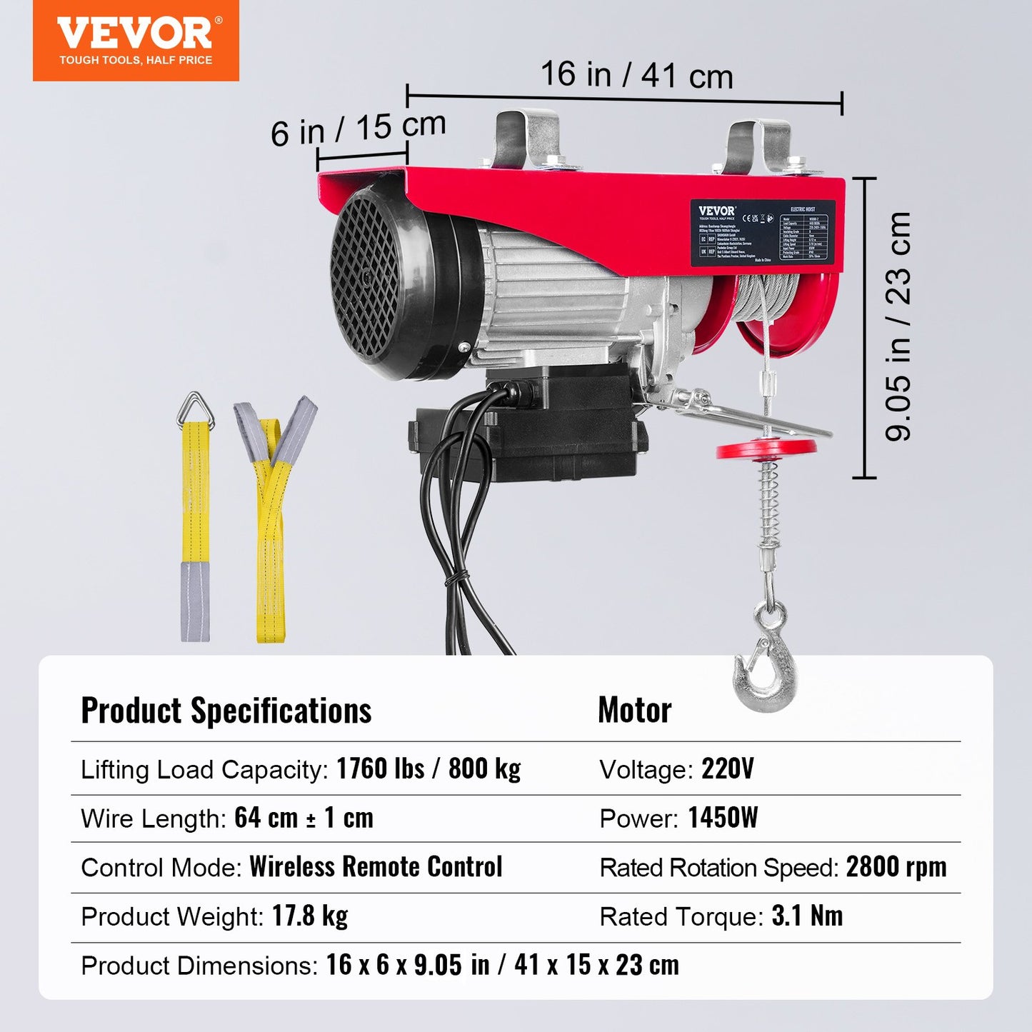 Elektrisk lyftanordning, 1760 lbs lyftkapacitet, 1450W 220V elektrisk ståltrådsvinsch med trådlös fjärrkontroll, 40ft enkelkabellyfthöjd och ren kopparmotor, för Garage Warehouse Factory