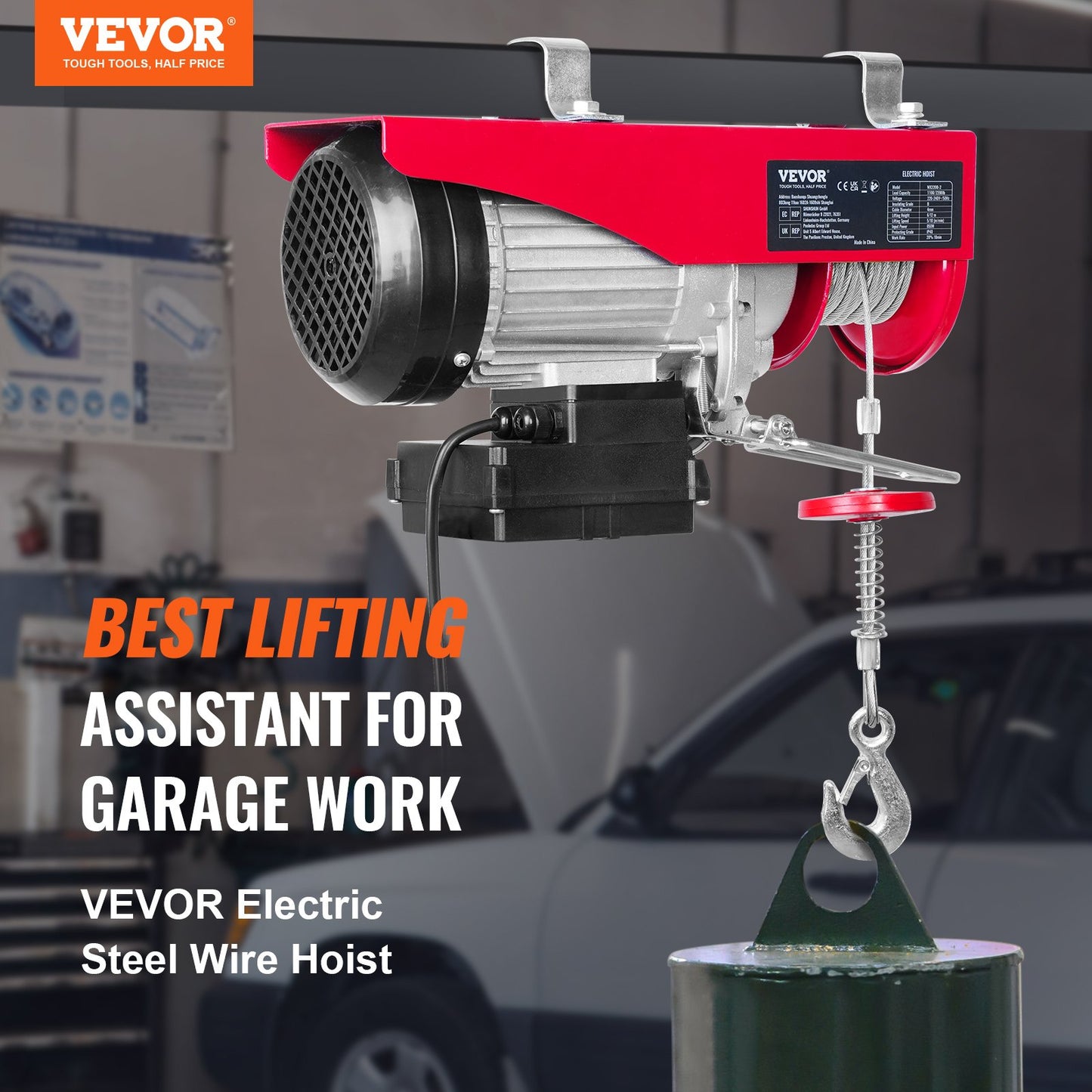 Elektrisk lyftanordning, 2200 lbs lyftkapacitet, 1600W 220V elektrisk ståltrådsvinsch med trådlös fjärrkontroll, 40ft enkelkabellyfthöjd och ren kopparmotor, för Garage Warehouse Factory