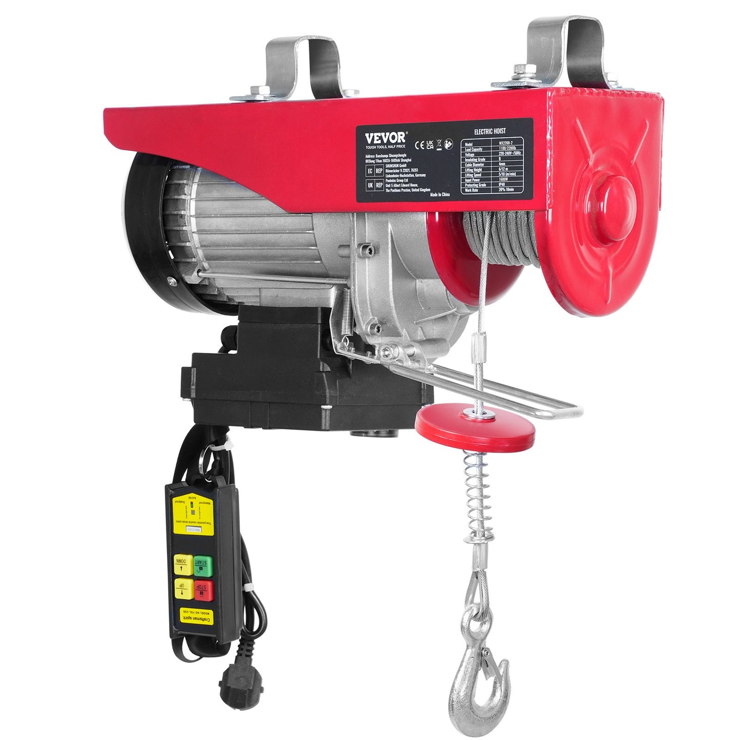 Elektrisk lyftanordning, 2200 lbs lyftkapacitet, 1600W 220V elektrisk ståltrådsvinsch med trådlös fjärrkontroll, 40ft enkelkabellyfthöjd och ren kopparmotor, för Garage Warehouse Factory
