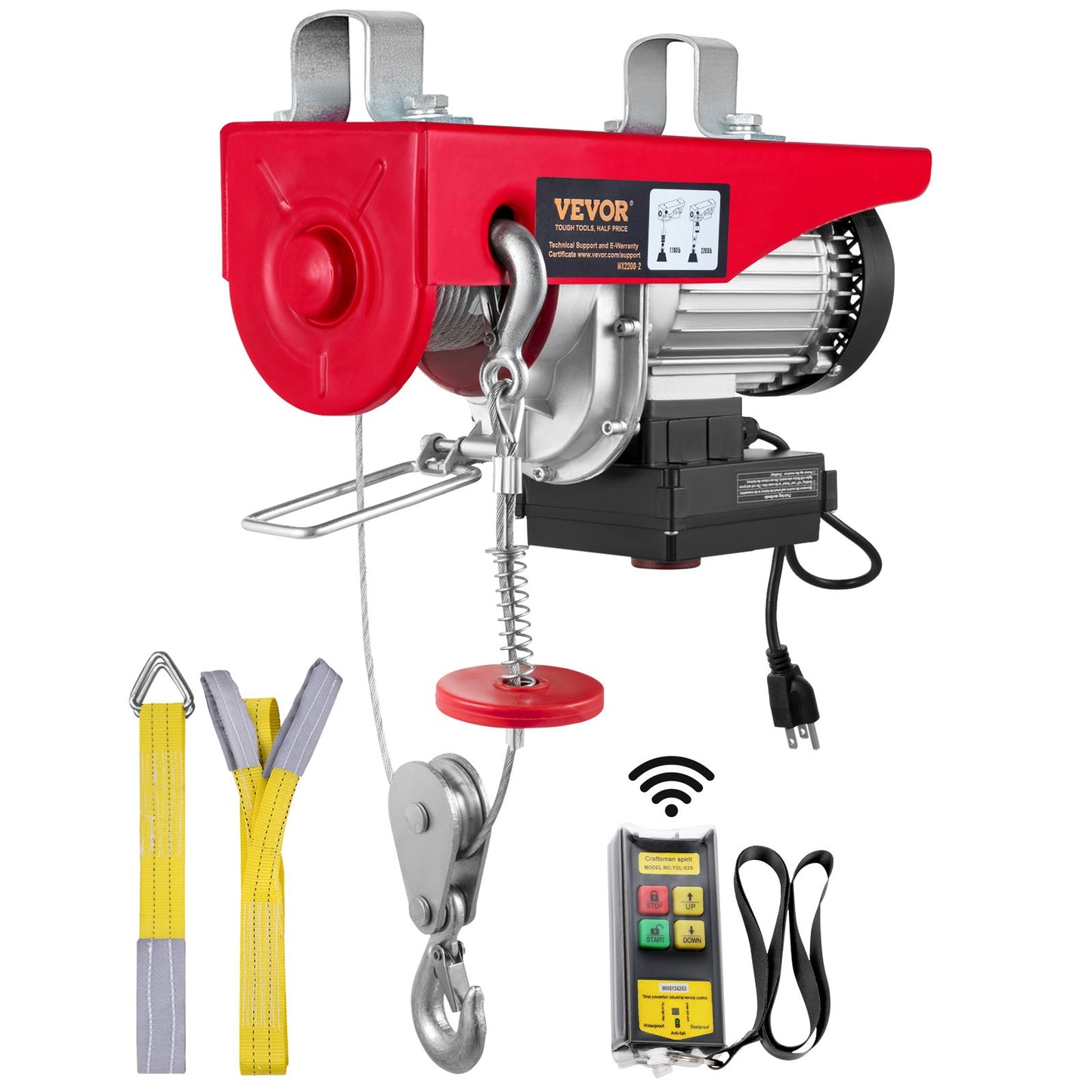 Elektrisk lyftanordning, 2200 lbs lyftkapacitet, 1600W 220V elektrisk ståltrådsvinsch med trådlös fjärrkontroll, 40ft enkelkabellyfthöjd och ren kopparmotor, för Garage Warehouse Factory