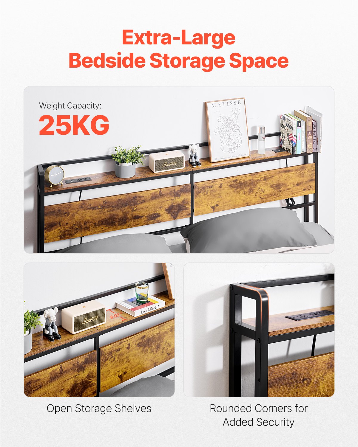 Sänggavel för King Size Säng Sänggavel med Hylla och Laddstation