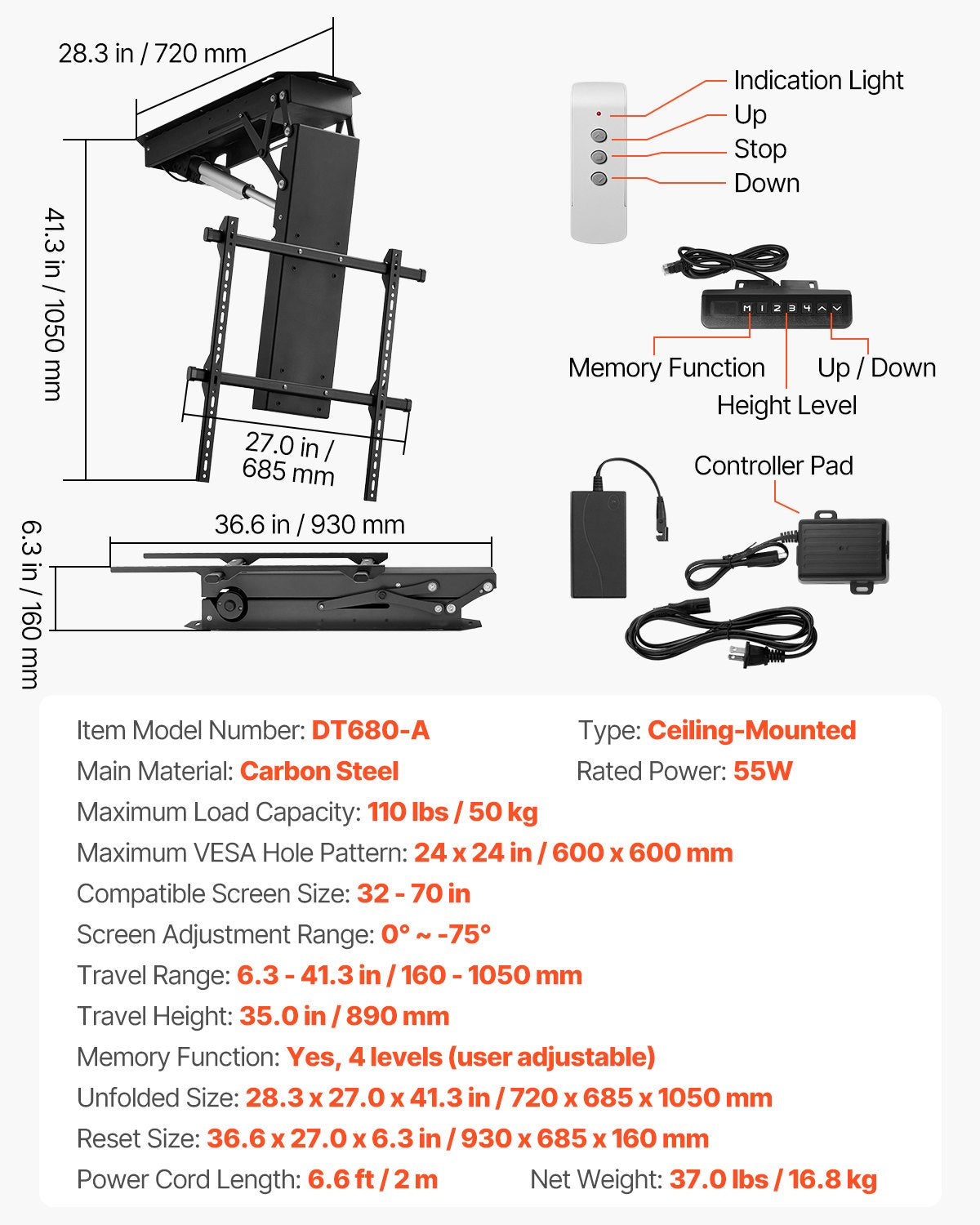 Motorized Ceiling TV Mount Electric Flip Down TV Mount för 32-70 in skärm