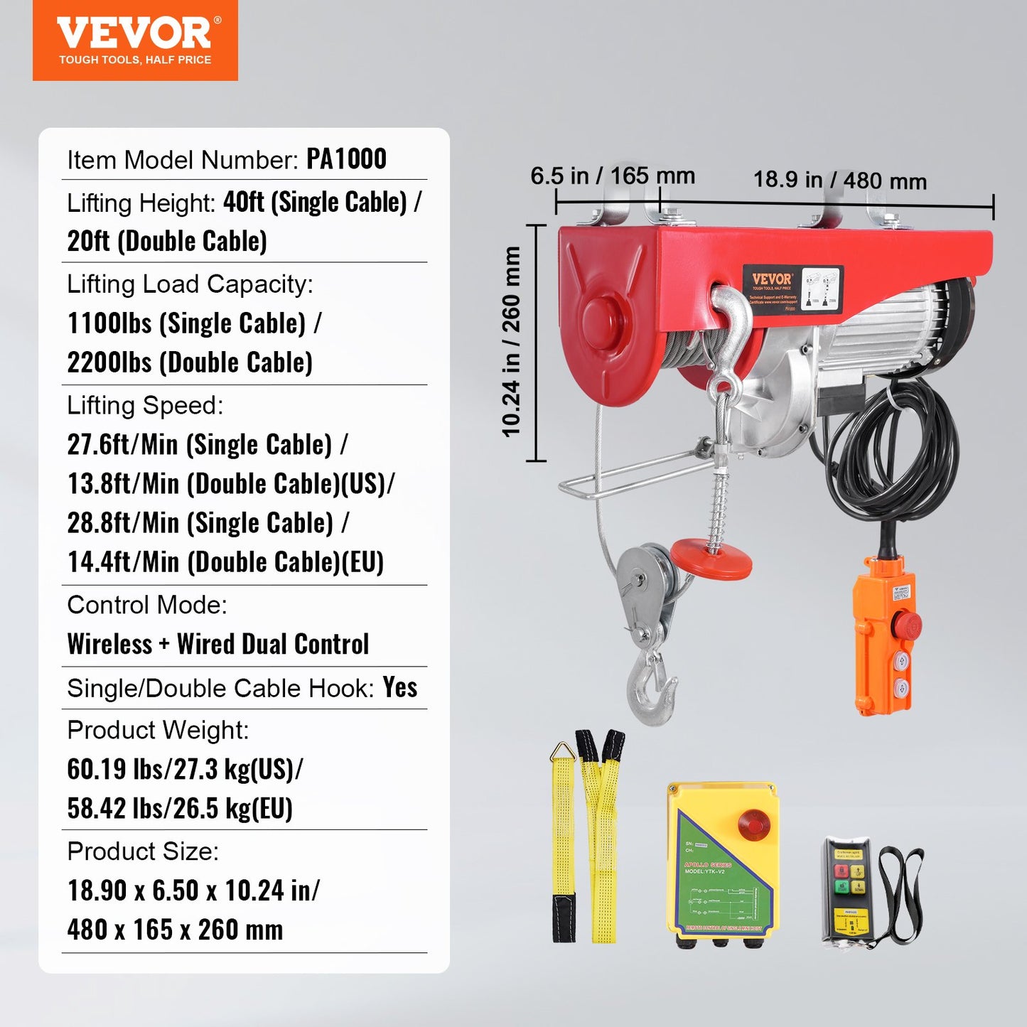Elektrisk lyftkranvinsch 2200 lbs 328 fot trådlös & 14 fot kabelansluten fjärrkontroll