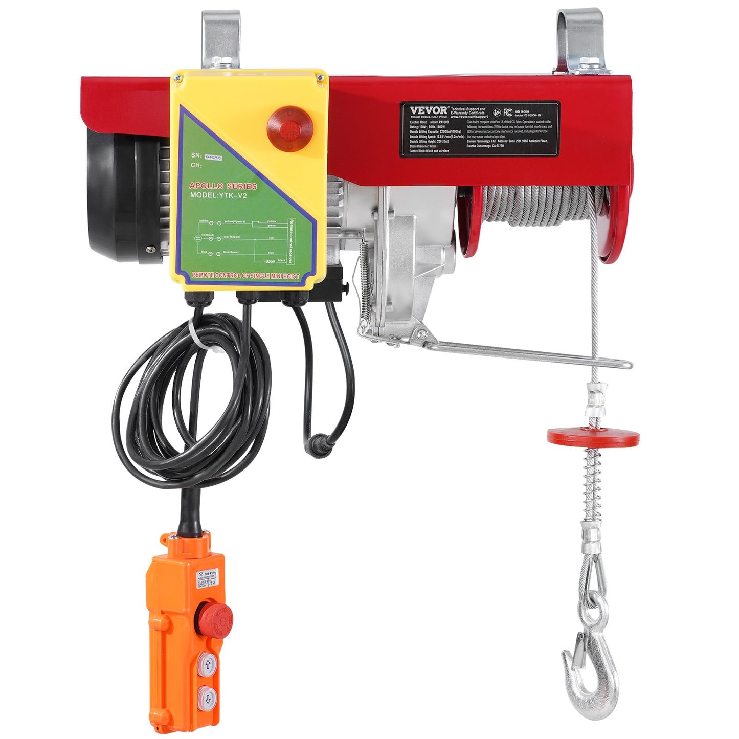 Elektrisk lyftkranvinsch 2200 lbs 328 fot trådlös & 14 fot kabelansluten fjärrkontroll